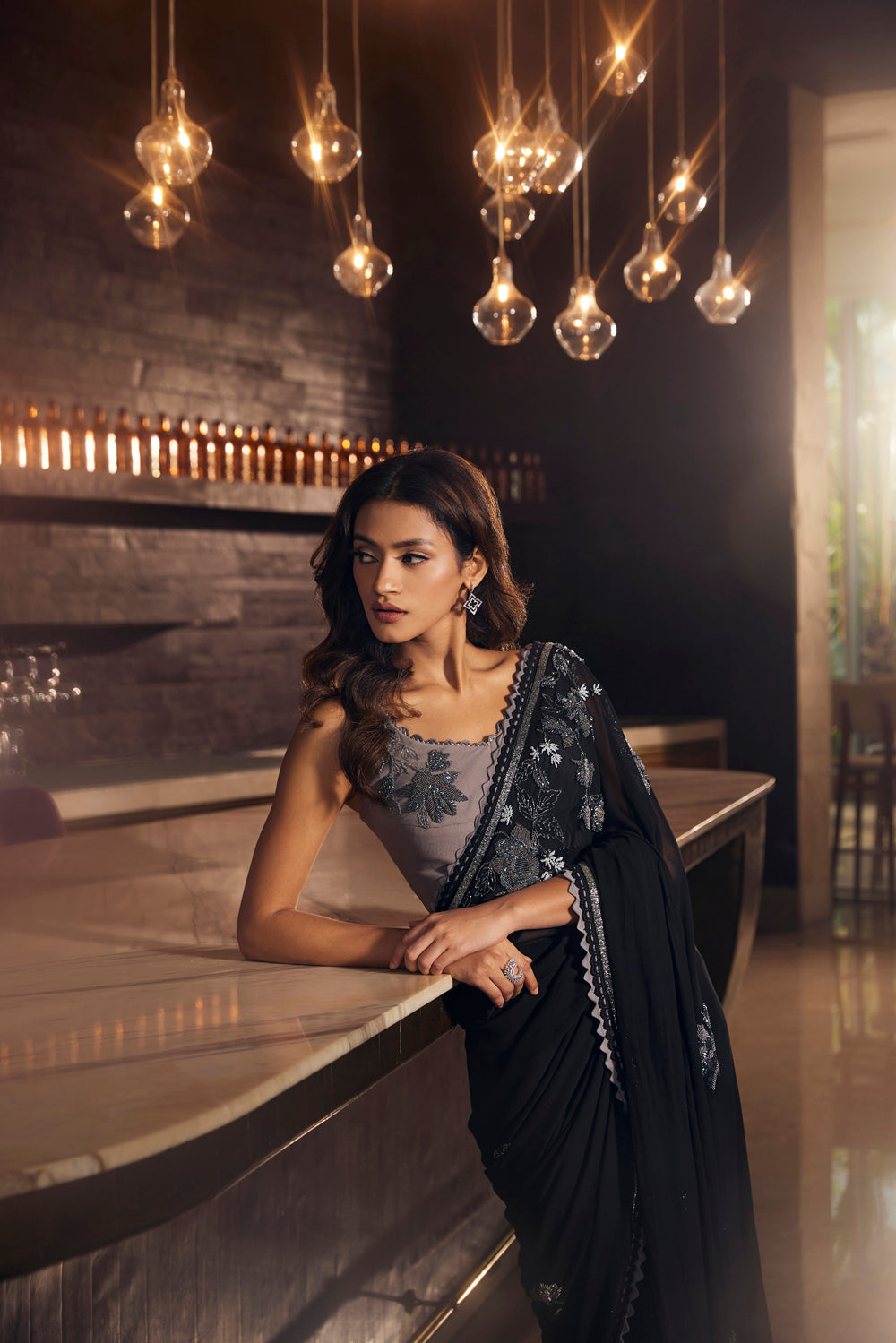 Black Embroidered Saree Set