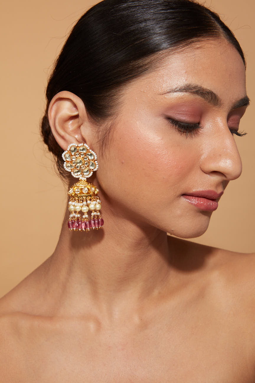 Gold Plated Kundan Studded With Pink Bead Drop Jhumka Earrings