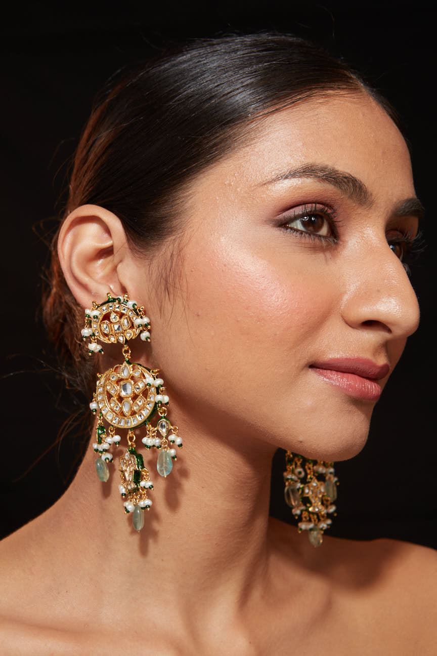 Image of Gold Plated Kundan Studded Meenakari With Green Beads Drop Dangle Earrings