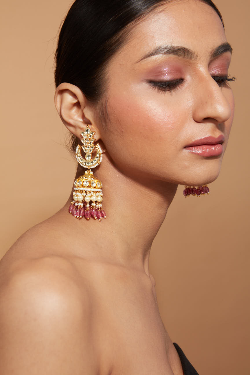 Gold Plated Kundan Polki Studded With Pink Beads Jhumka Earrings