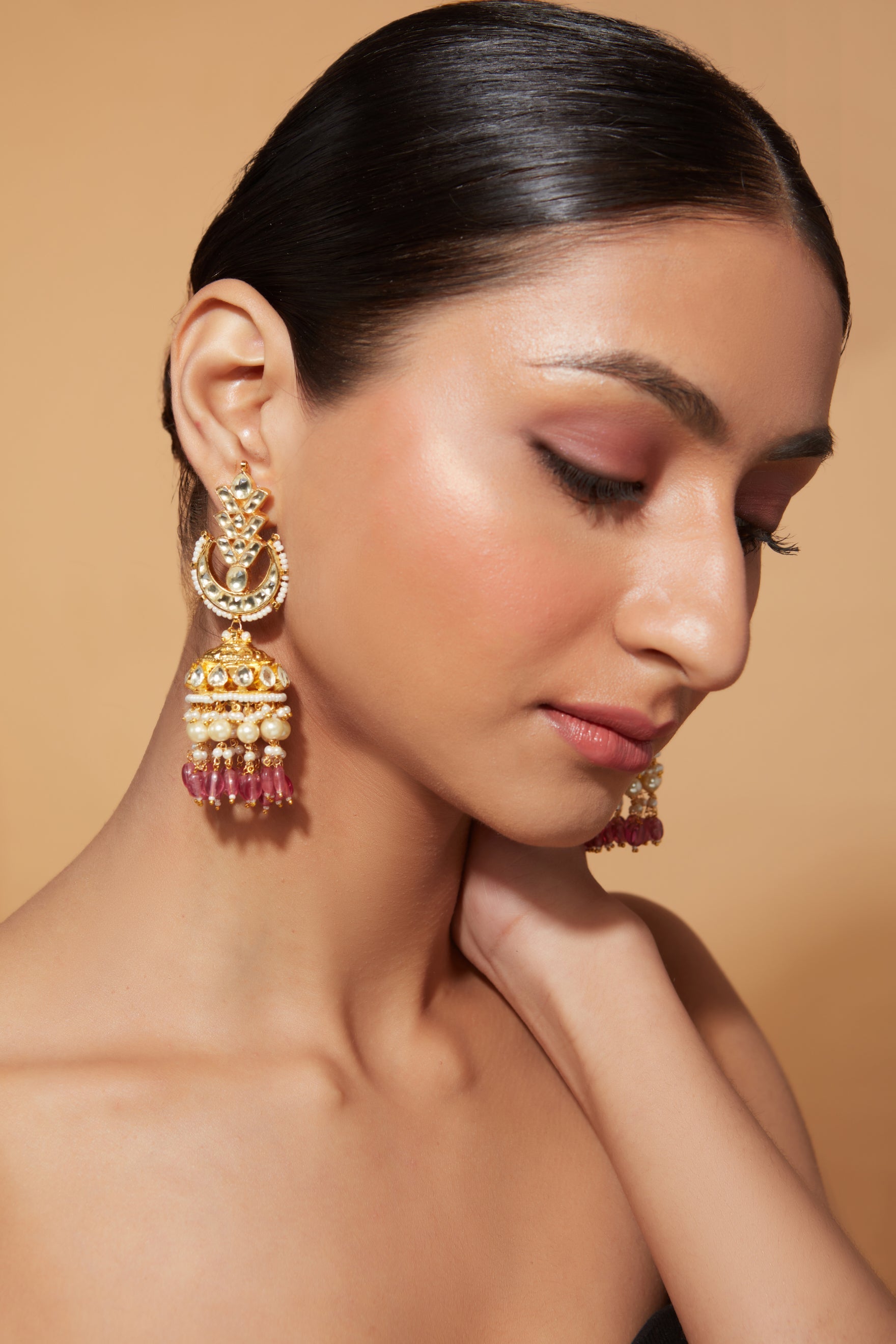 Gold Plated Kundan Polki Studded With Pink Beads Jhumka Earrings