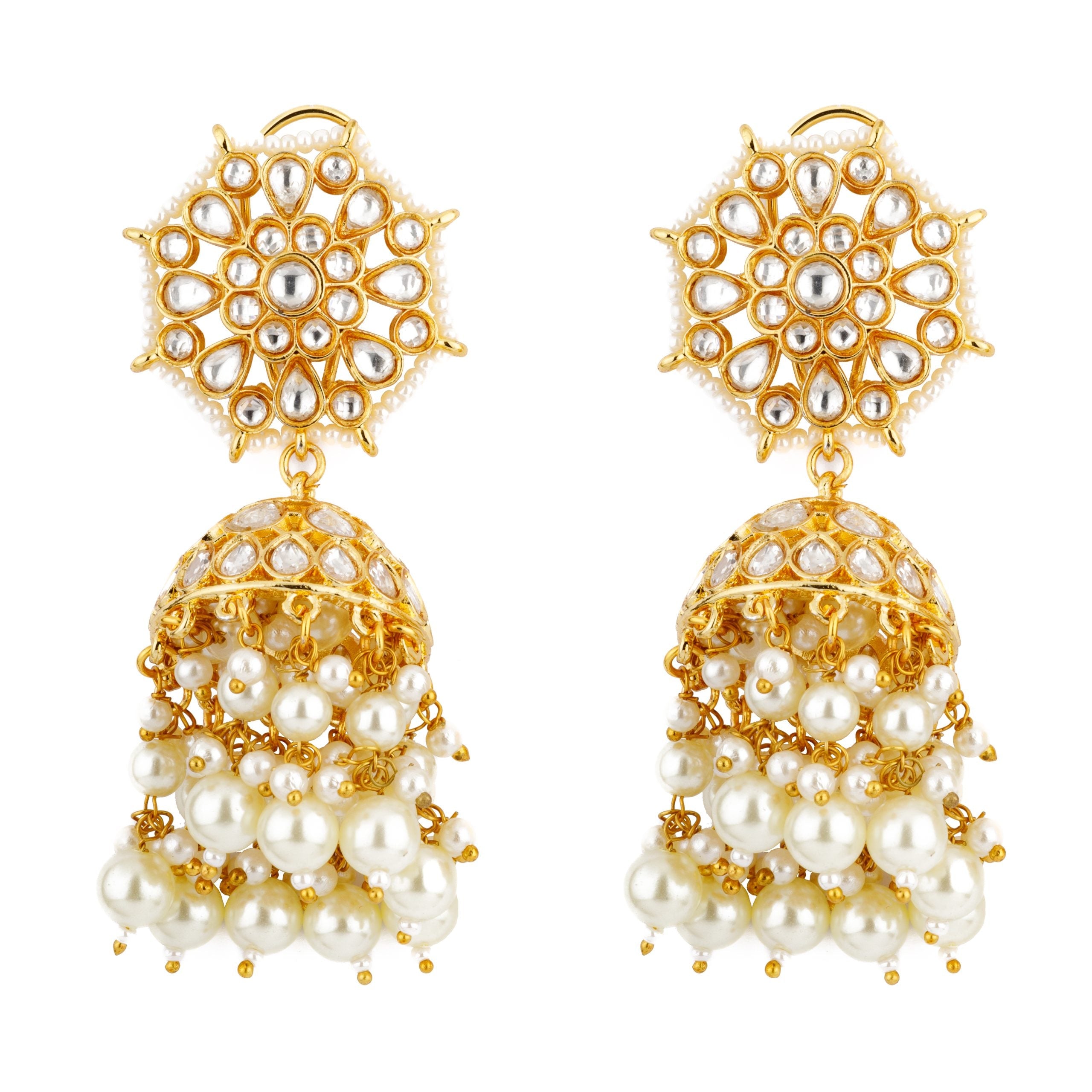 Image of Gold Plated Kundan and Pearls Drop Jhumka Earrings