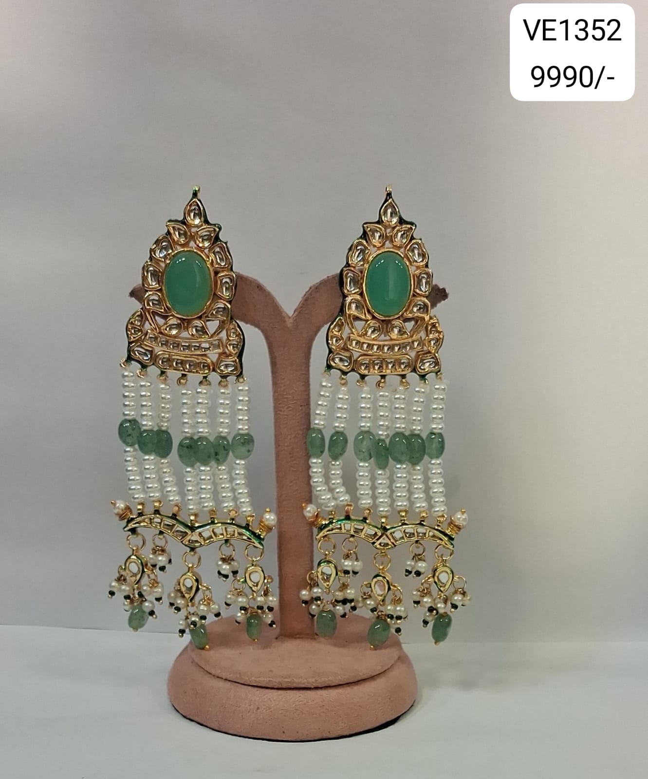 Green Kundan Pearl Long Earrings