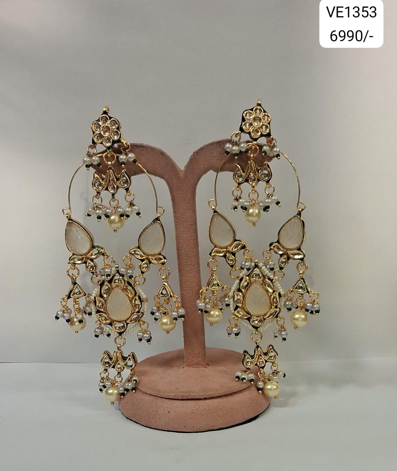 Pearl Kundan Hoops Statement Drop Earrings