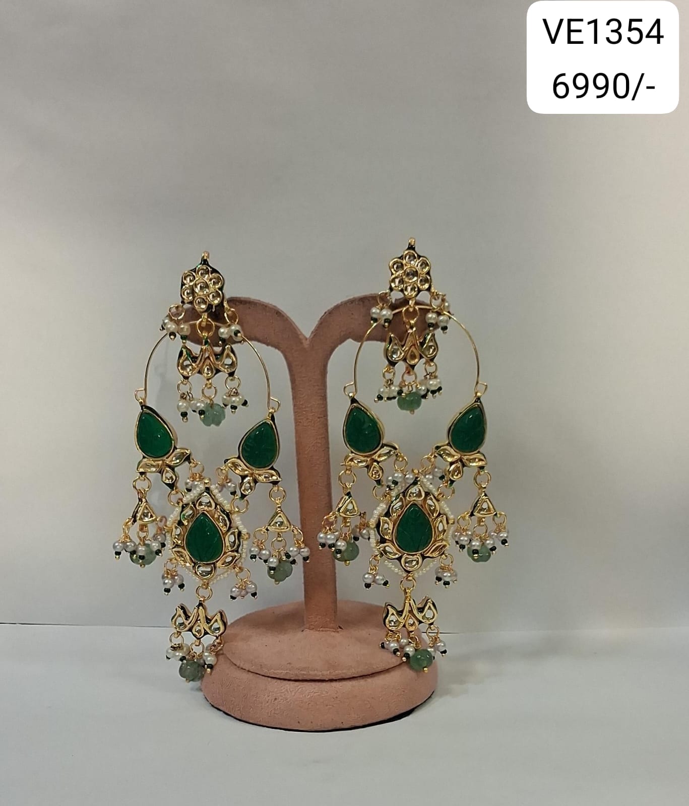 Emerald Kundan Hoops with Pearl Bead Drops