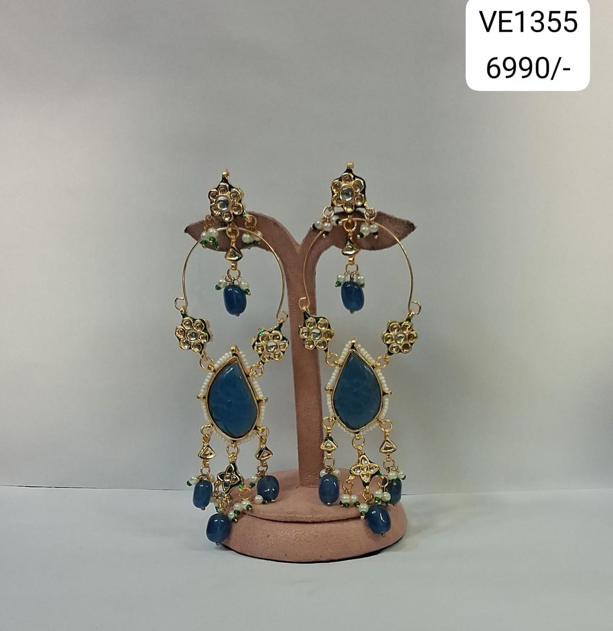 Blue Stone Pearl Hoop Earrings