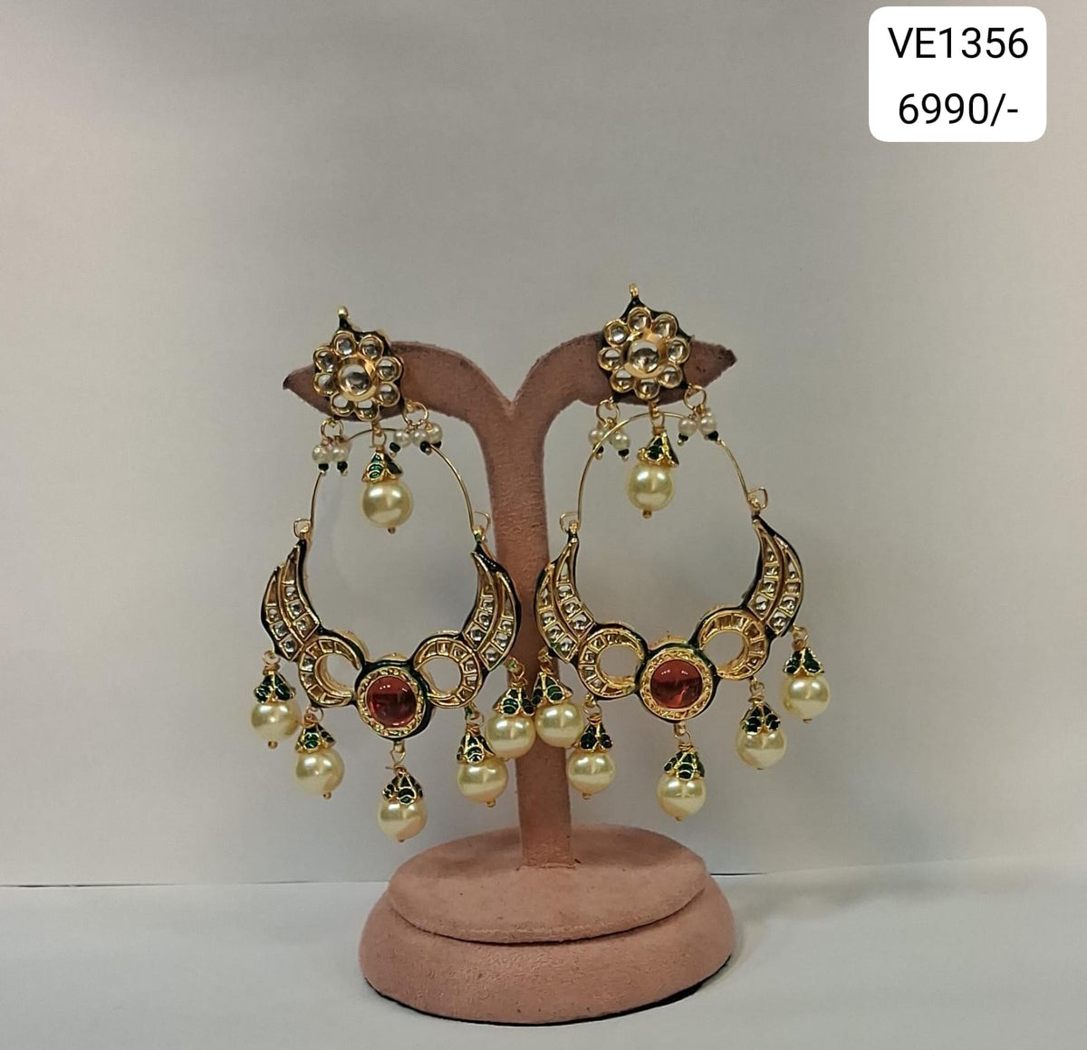 Ruby Kundan Pearl Crescent Statement Hoops