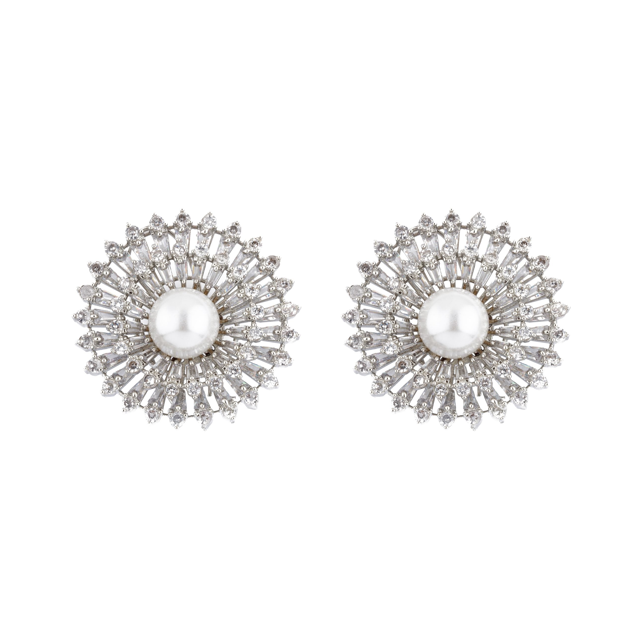 Image of Rhodium Plated Zircon & Pearl Studded Stud Earrings