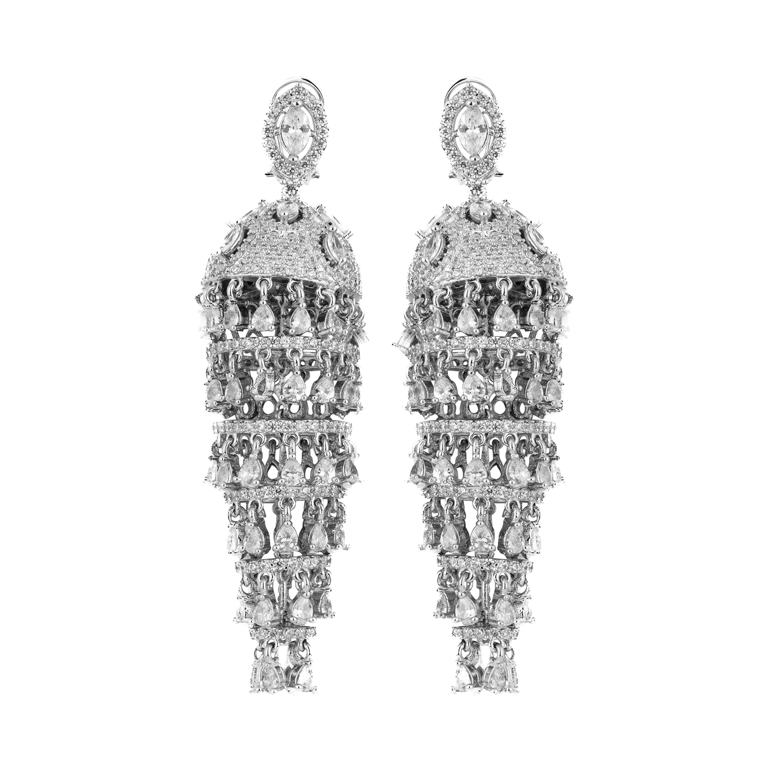 Image of Rhodium Plated Zircon Studded Jhumka Earrings