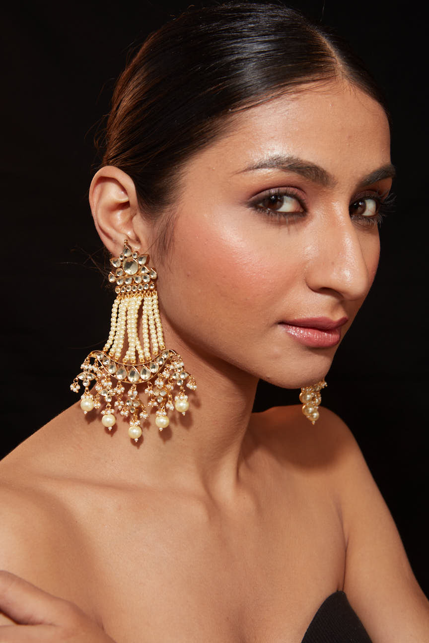 Gold Plated Kundan With Pearl Strand Dangle Earrings