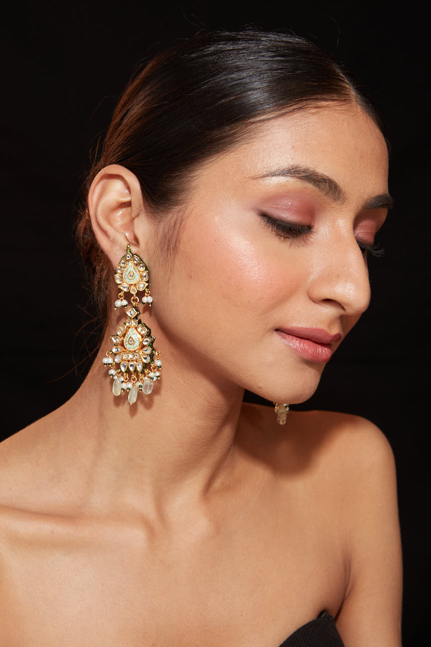 Image of Gold Plated Meenakari Kundan Dangle Earrings