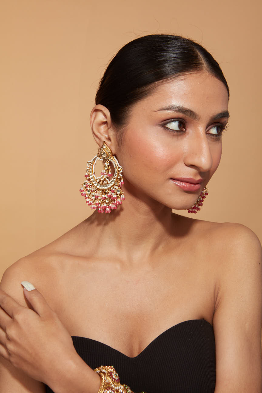 Gold Plated Kundan Studded Pink Bead Drop Chaandbali Earrings