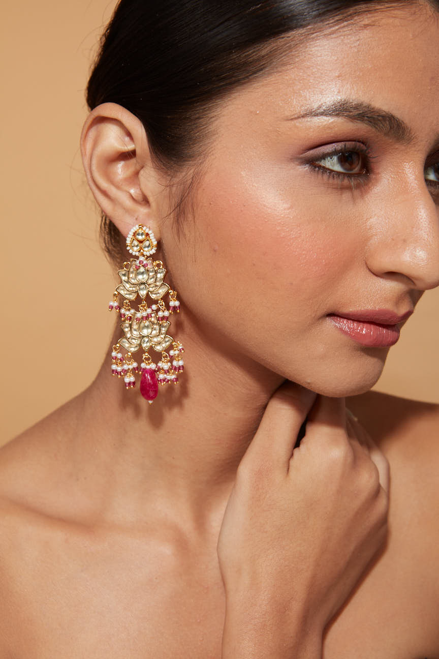 Gold Plated Kundan Studded Pink Drop Lotus Shape Dangle Earrings