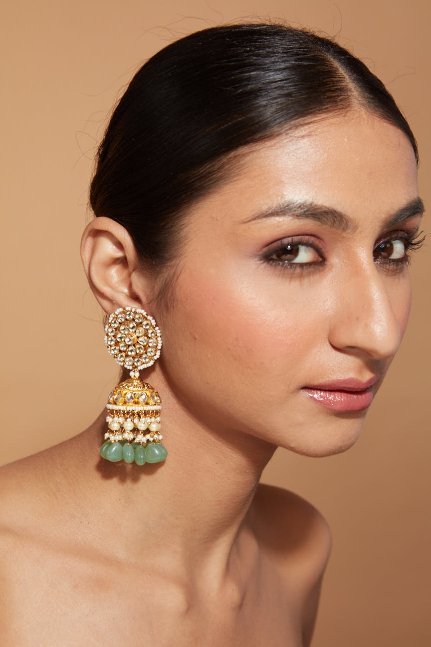 Gold Plated Kundan Studded With Green Bead Drop Jhumka Earrings