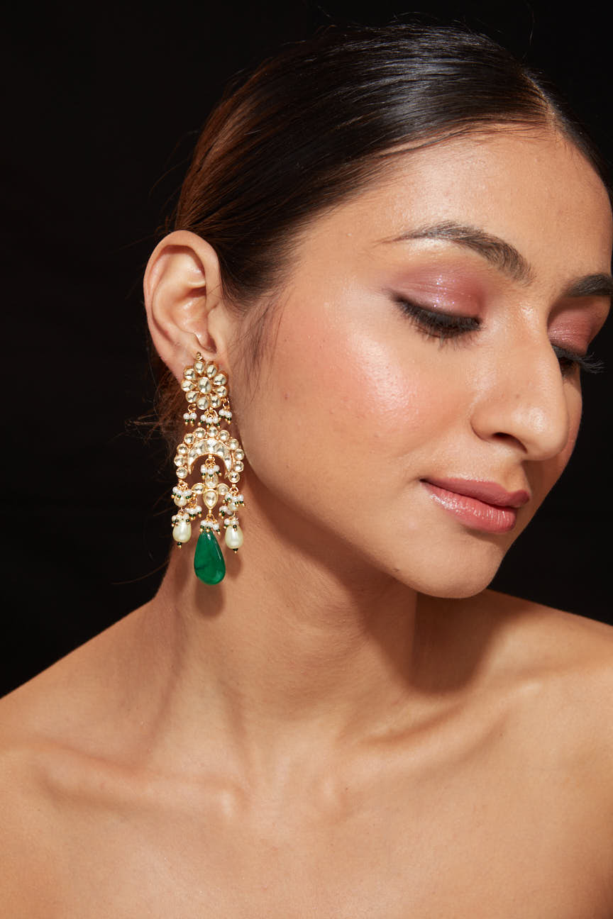 Gold Plated Kundan With Green Bead Drop Dangle Earrings