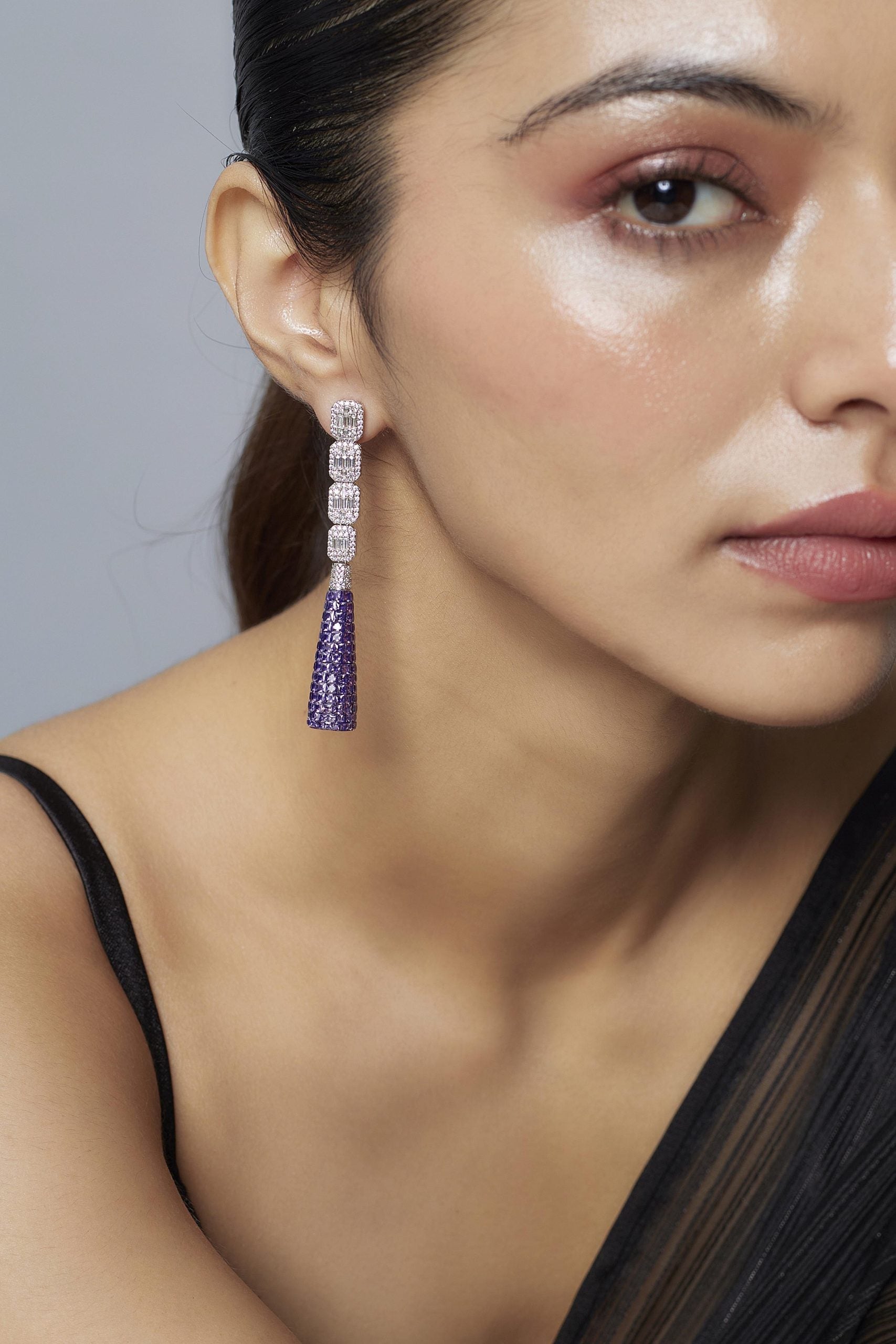 vivinia BY VIDHI MEHRA Zia Silver Plated Purple Womens Zircon Pair of Dangler Earrings (Freesize)