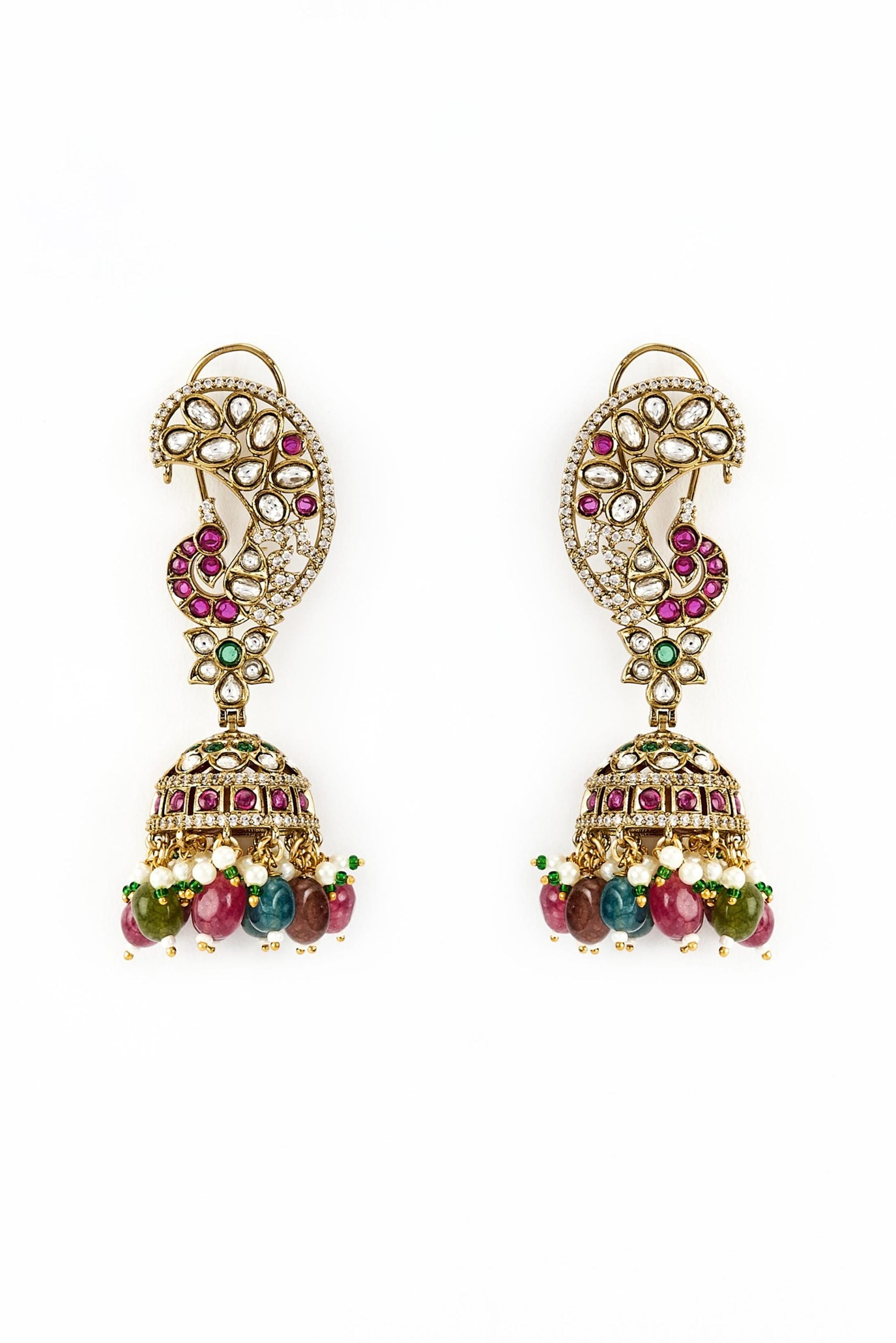 vivinia BY VIDHI MEHRA Morpankh Gold Plated Multi Kundan, Polki Womens Pair of Jhumkas Earrings (Freesize)