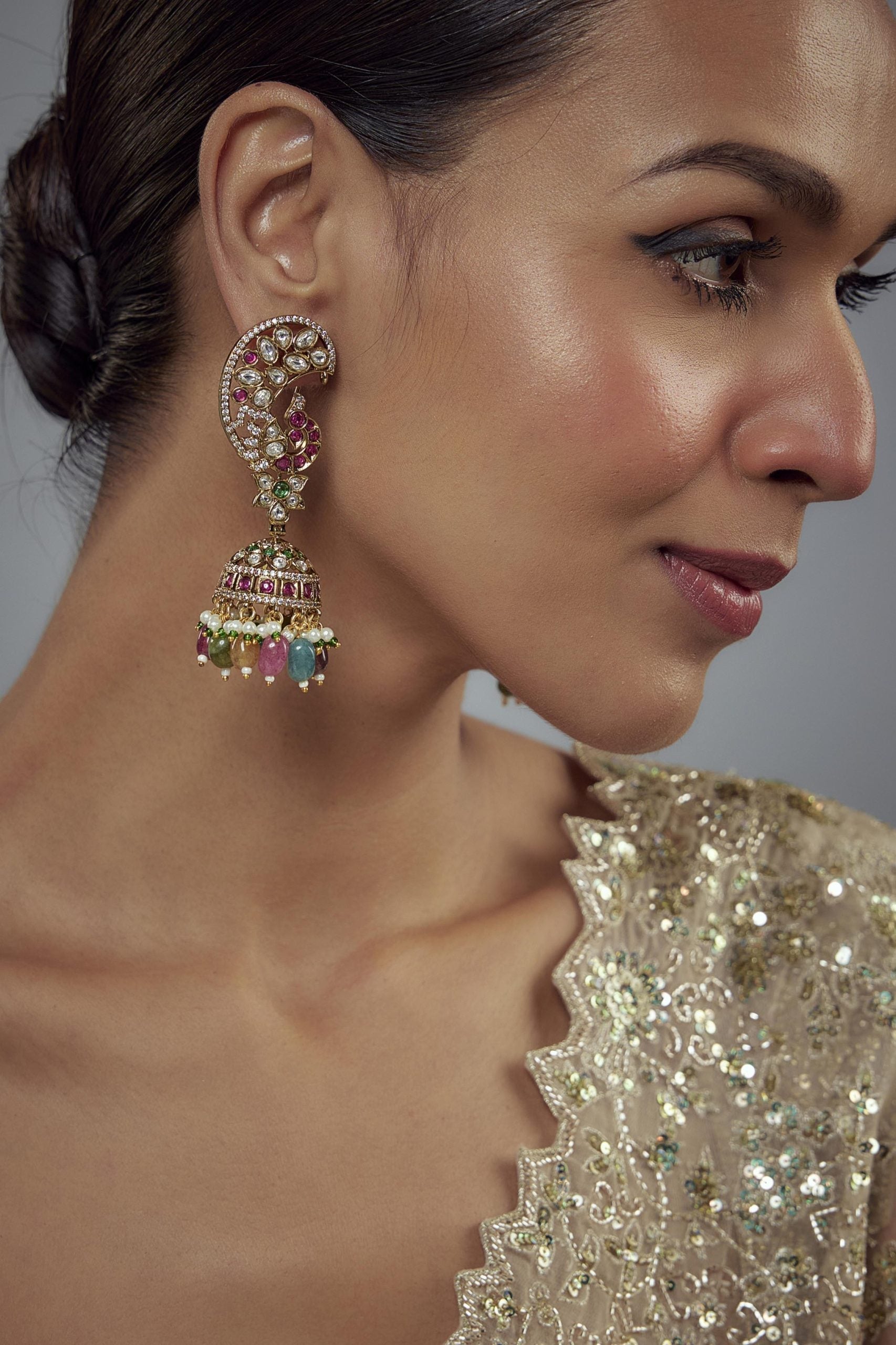 vivinia BY VIDHI MEHRA Morpankh Gold Plated Multi Kundan, Polki Womens Pair of Jhumkas Earrings (Freesize)