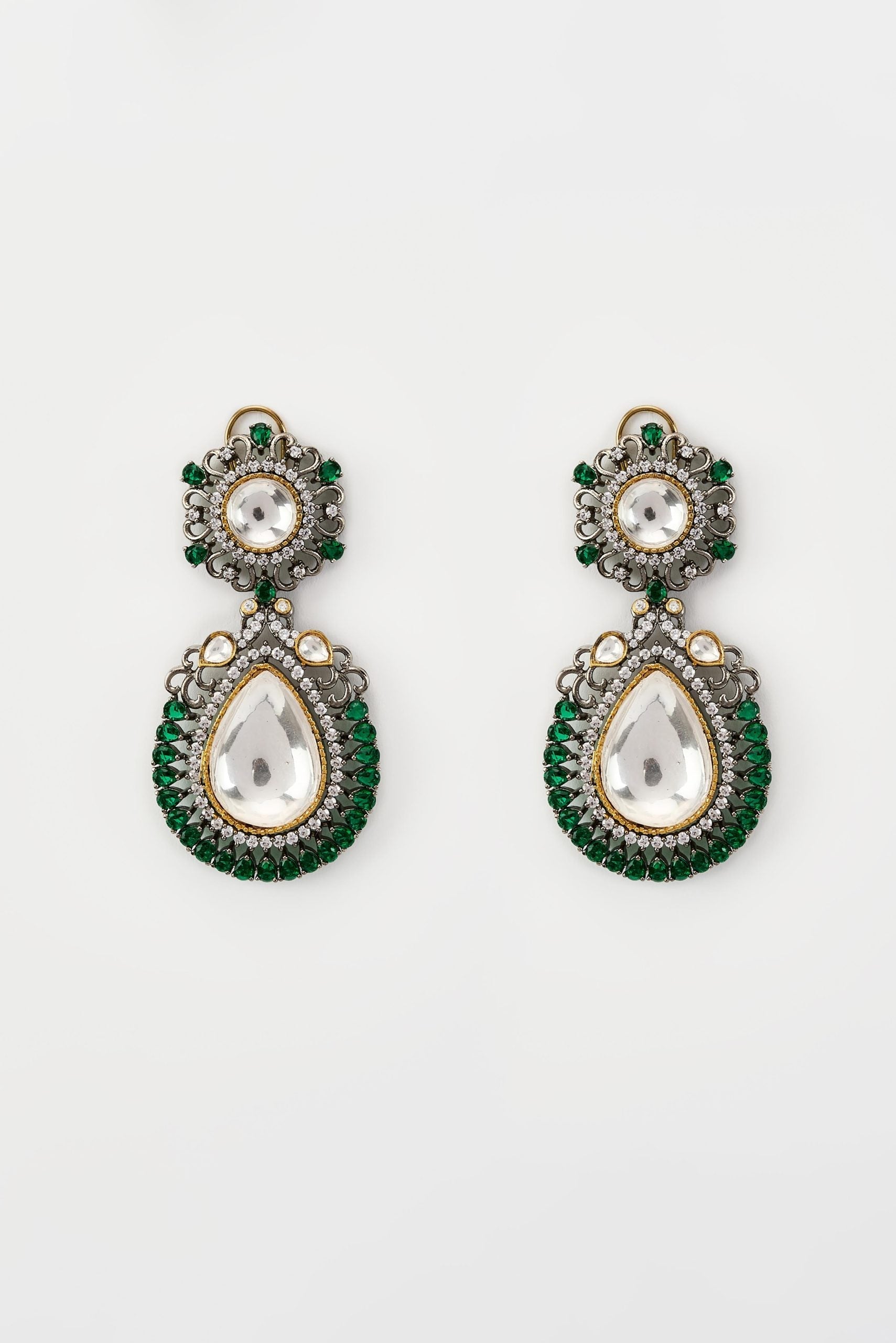 vivinia BY VIDHI MEHRA Burgandi Silver Plated Green Kundan, Polki Womens Pair of Drop Earrings (Freesize)