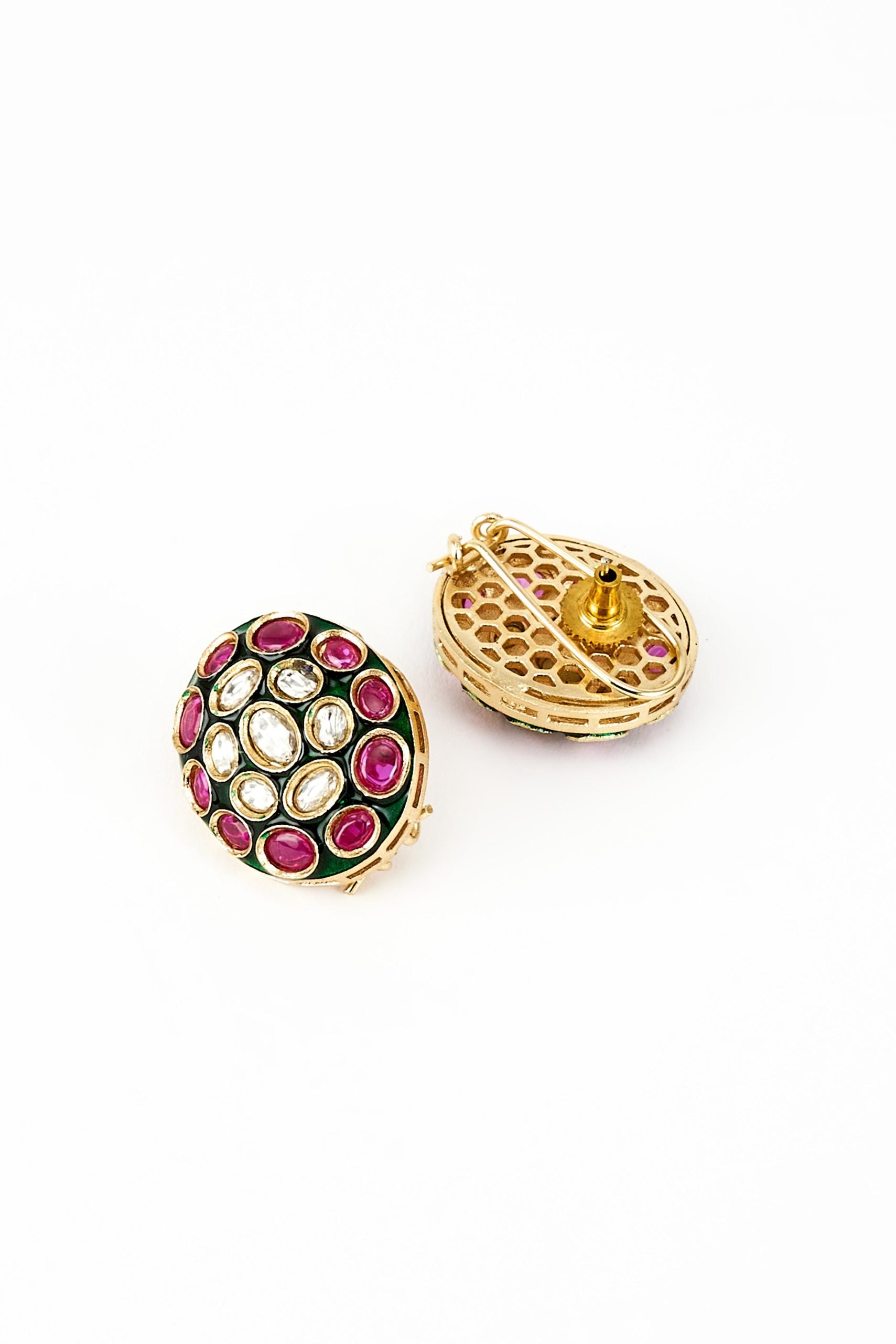 vivinia BY VIDHI MEHRA Burgandi Gold Plated Pink & Green Kundan, Polki Womens Pair of Studs Earrings (Freesize)