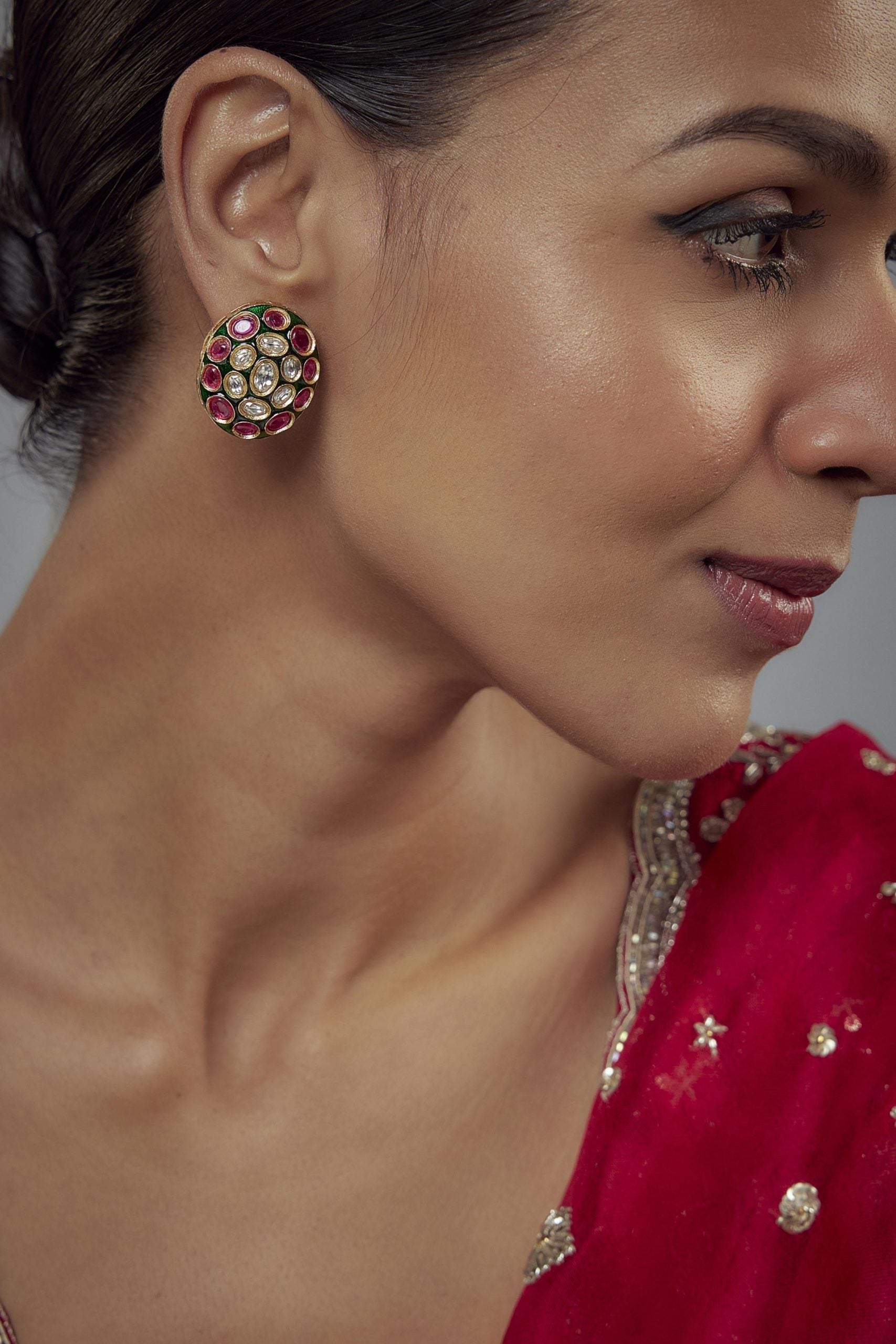 vivinia BY VIDHI MEHRA Burgandi Gold Plated Pink & Green Kundan, Polki Womens Pair of Studs Earrings (Freesize)