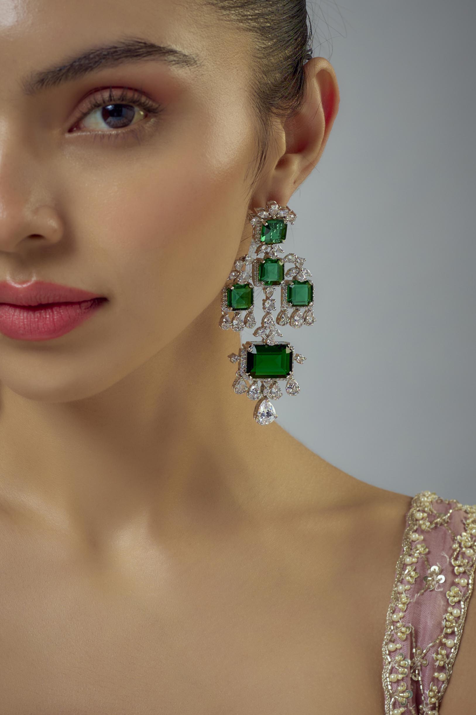 vivinia BY VIDHI MEHRA Zia Silver Plated Green Zircon Womens Pair of Danglers Earrings (Freesize)