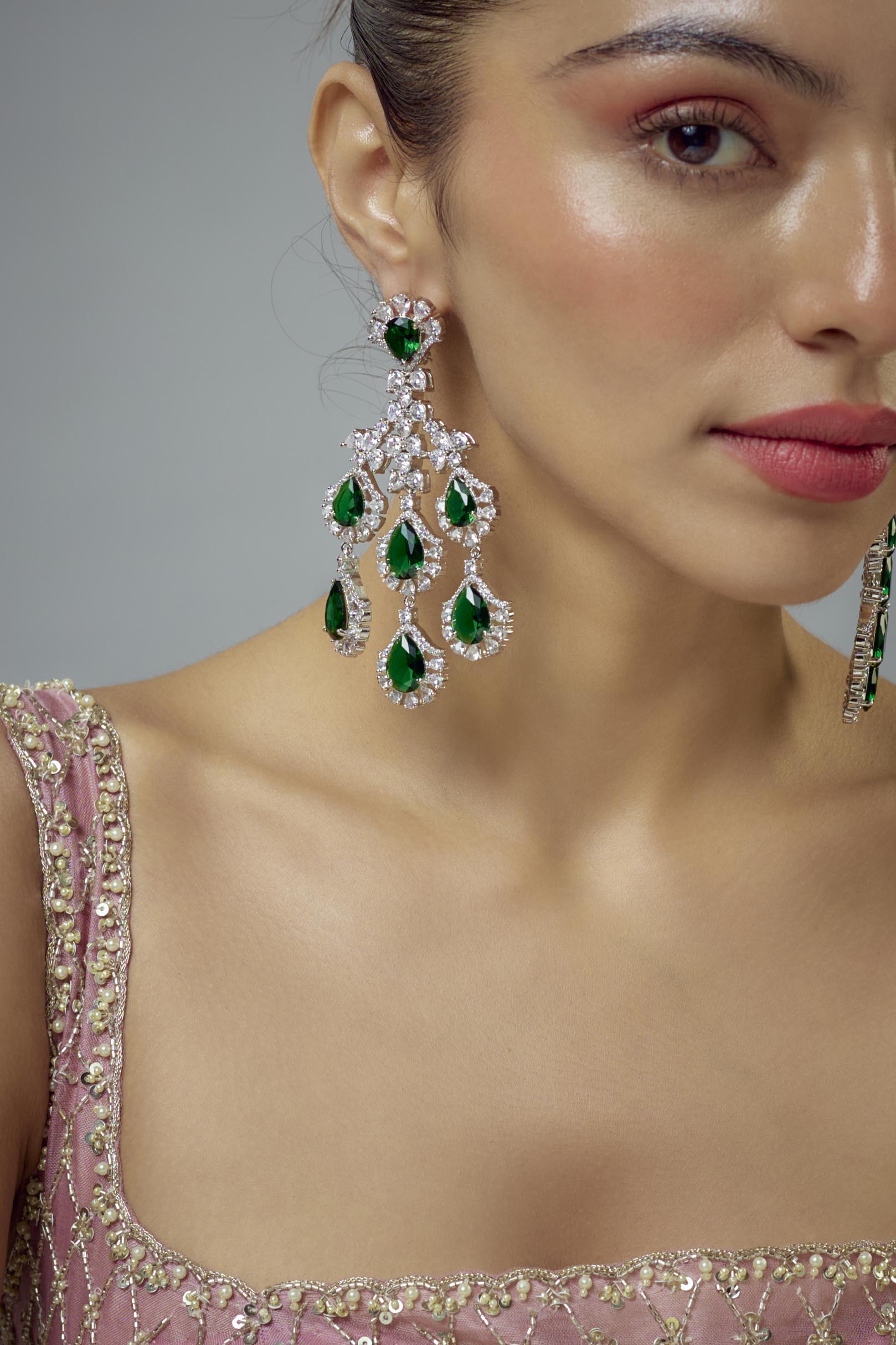 vivinia BY VIDHI MEHRA Zia Silver Plated Green Zircon Womens Pair of Danglers Earrings (Freesize)