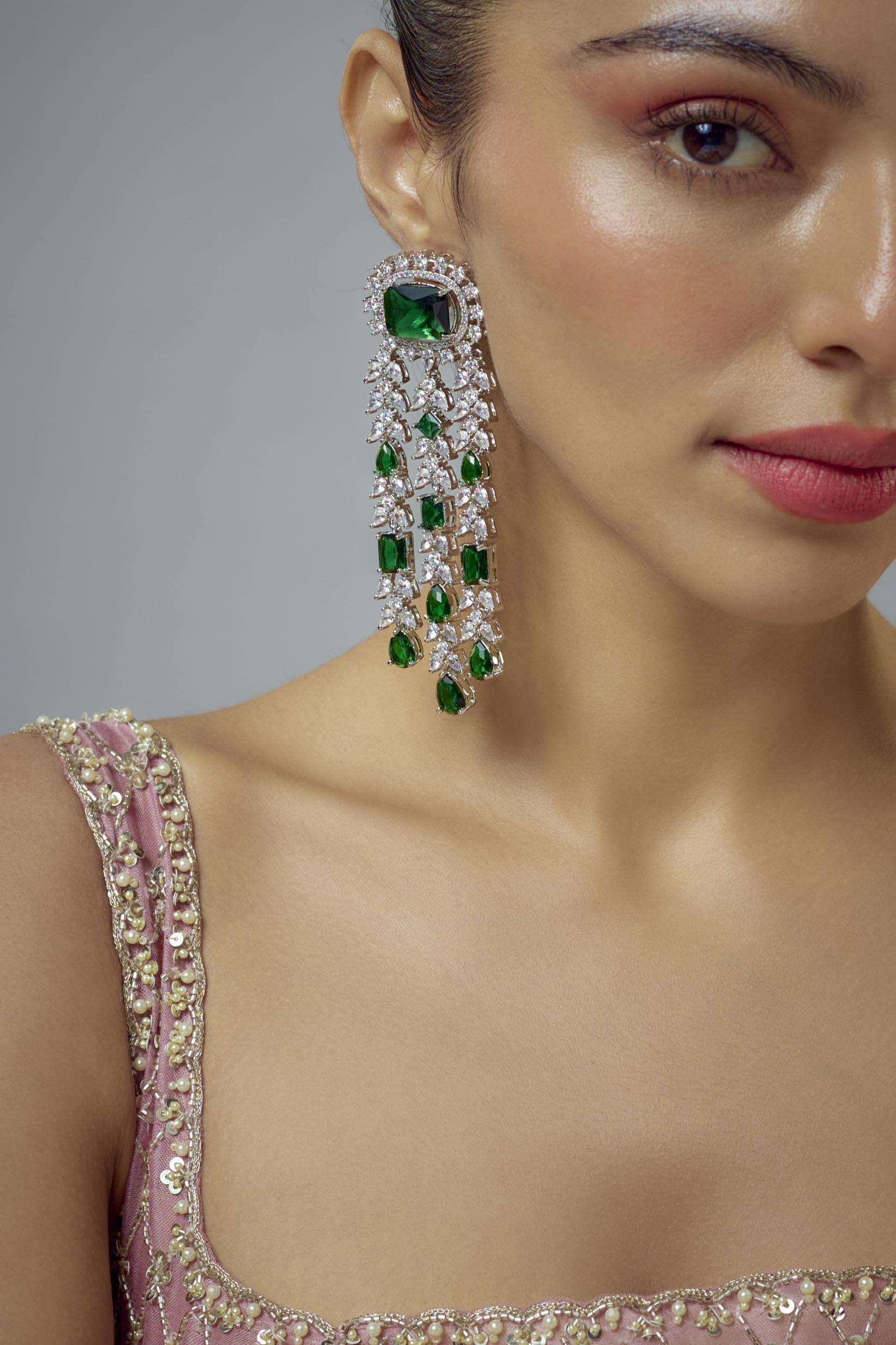 vivinia BY VIDHI MEHRA Zia Silver Plated Green Zircon Womens Pair of Danglers Earrings (Freesize)