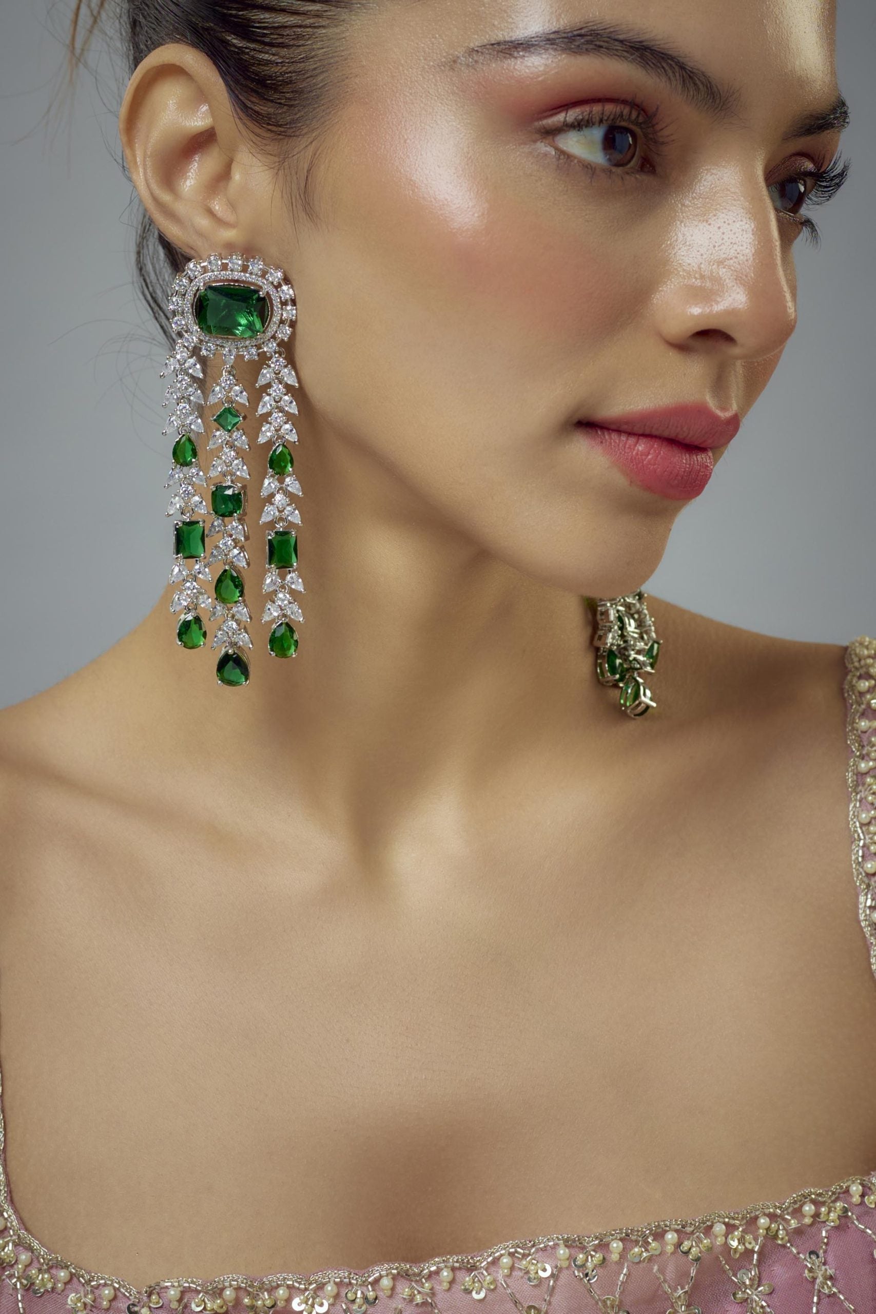 vivinia BY VIDHI MEHRA Zia Silver Plated Green Zircon Womens Pair of Danglers Earrings (Freesize)