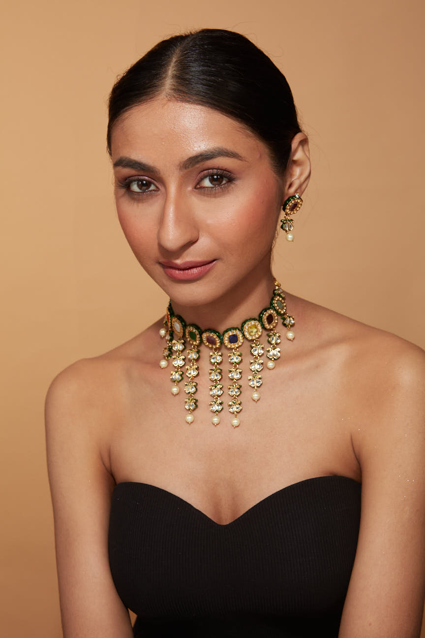 Image of Gold Plated Multi Colour Stones Dangling Choker Necklace & Dangle Earrings Set