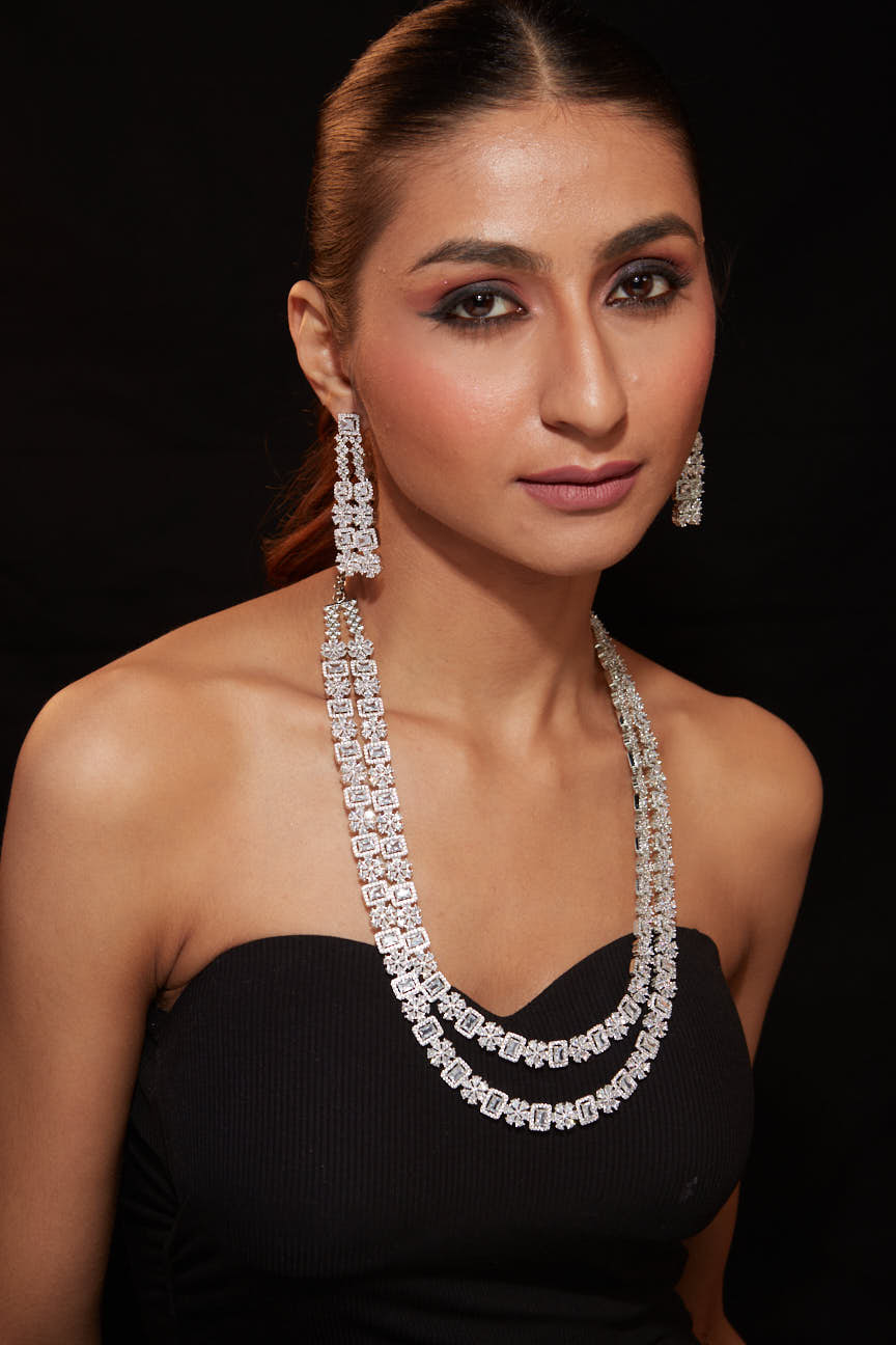 Image of Rhodium Plated Zircon Studded Double Layer Long Necklace & Drop Earrings Set