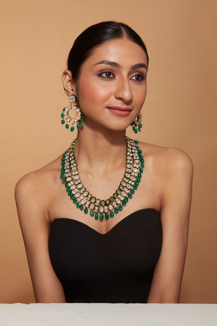 Image of Gold Plated Kundan & Green Beads Drop Necklace & Dangle Earring Set