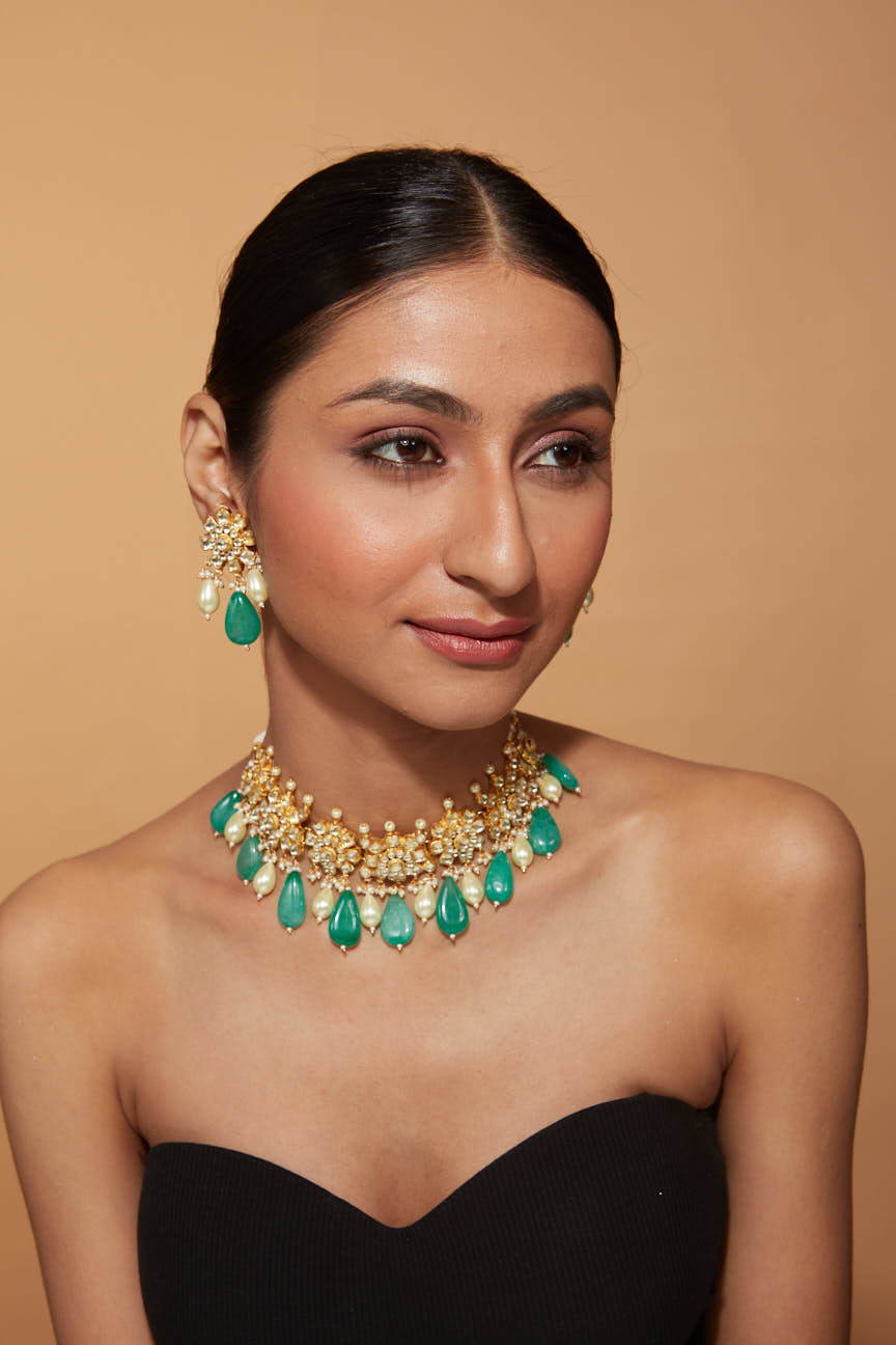 Gold Plated Kundan Studded With Green Beads Drop Choker Necklace & Dangle Earrings Set