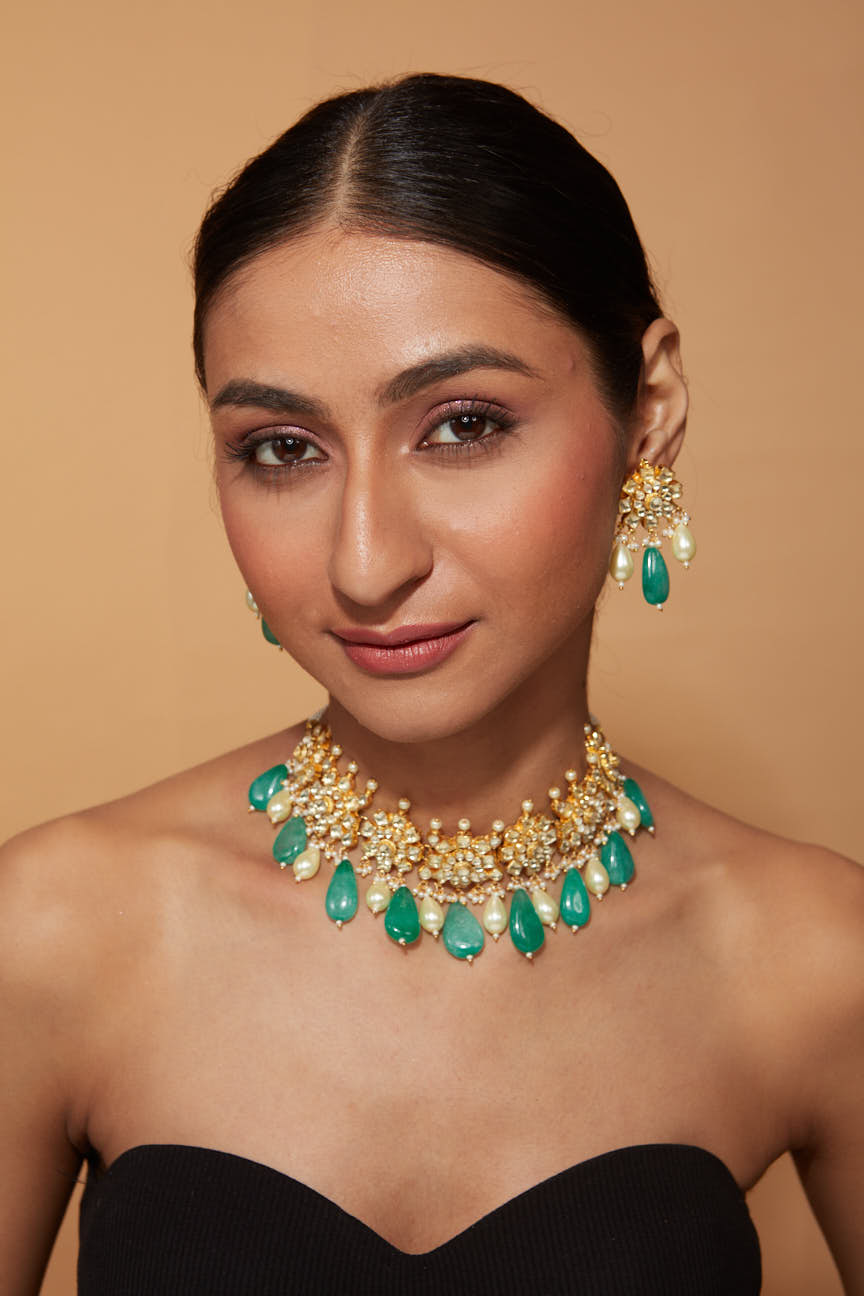 Gold Plated Kundan Studded With Green Beads Drop Choker Necklace & Dangle Earrings Set