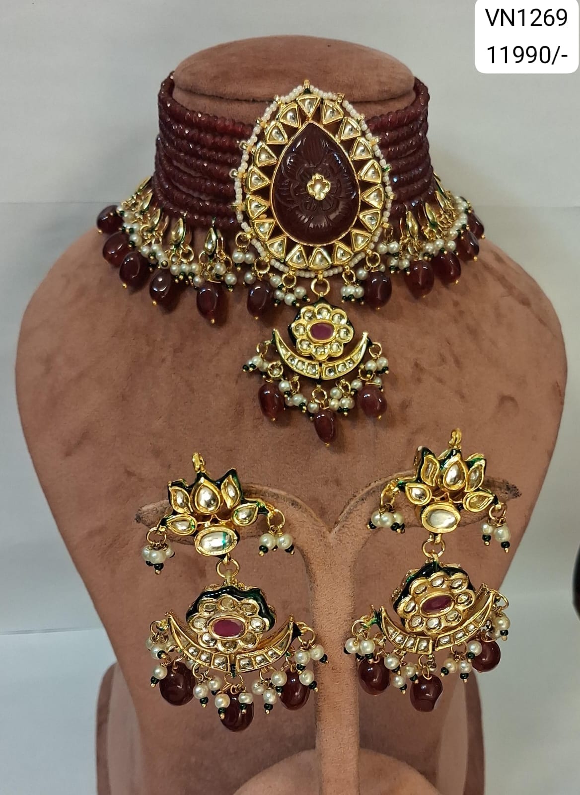 Maroon Kundan Beaded Choker Earring Set