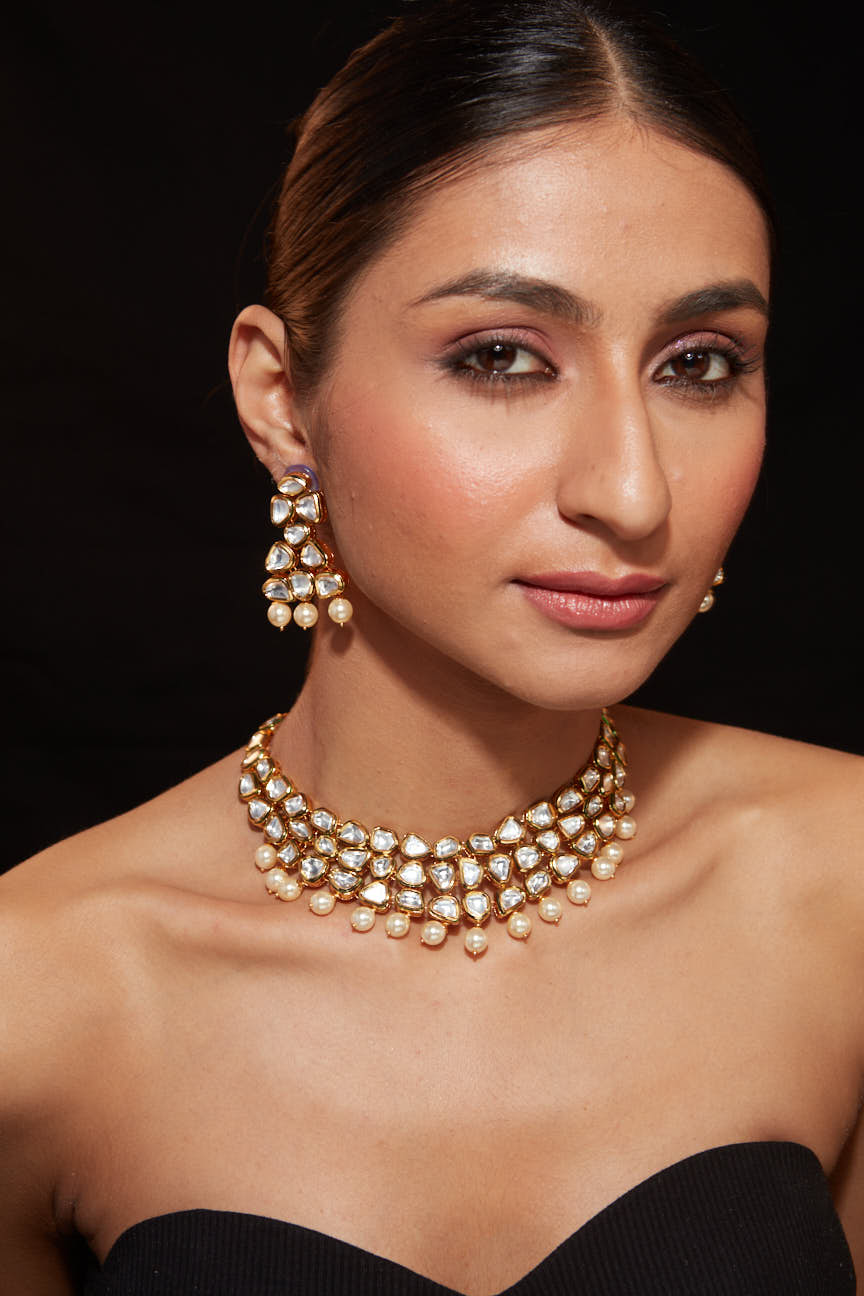 Image of Gold Plated Kundan Polki With Bead Drop Choker Necklace & Earrings Set