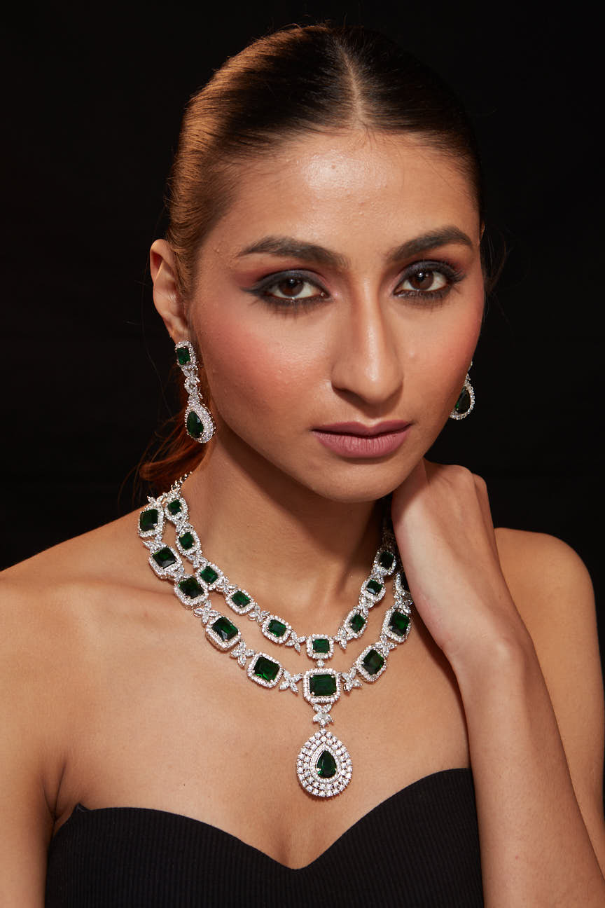 Image of Rhodium Plated Zircon With Green Emerald Synthetic Stone Pendant Necklace & Drop Earrings Set