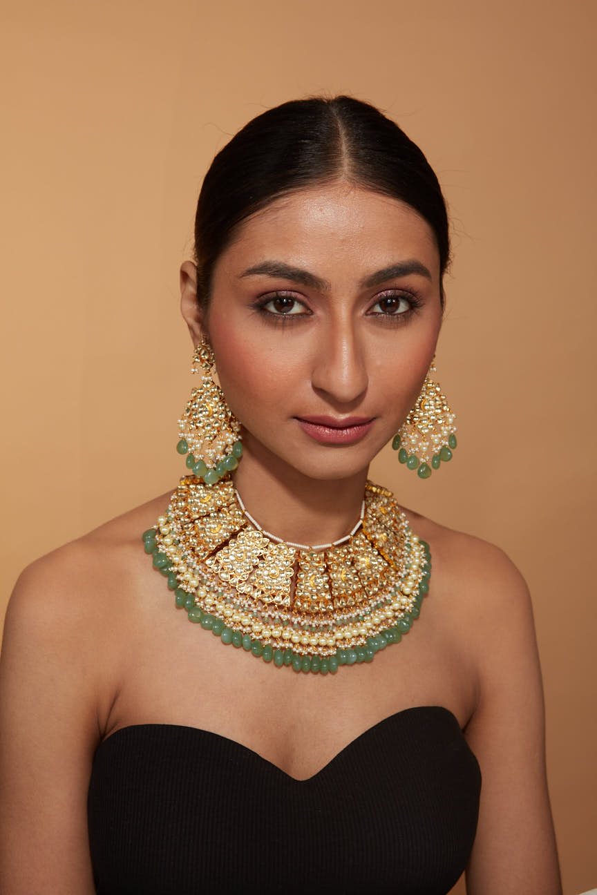 Gold Plated Kundan Polki Green Bead Drop Choker Necklace & Chaandbali Earrings Set