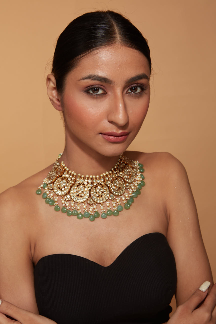 Gold Plated Kundan Polki Green Beads Bridal Choker Necklace