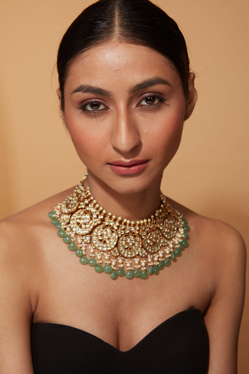 Gold Plated Kundan Polki Green Beads Bridal Choker Necklace