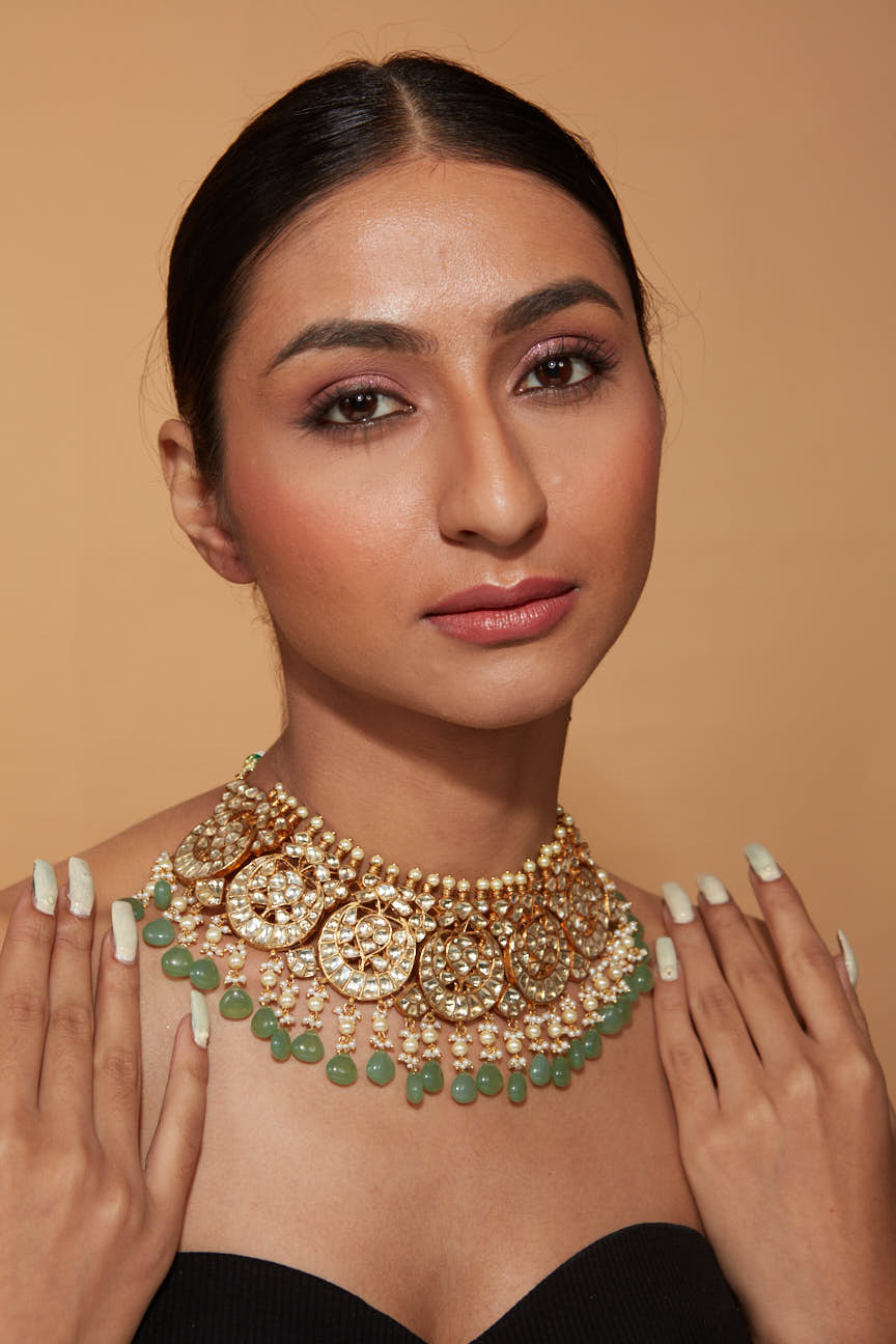 Gold Plated Kundan Polki Green Beads Bridal Choker Necklace