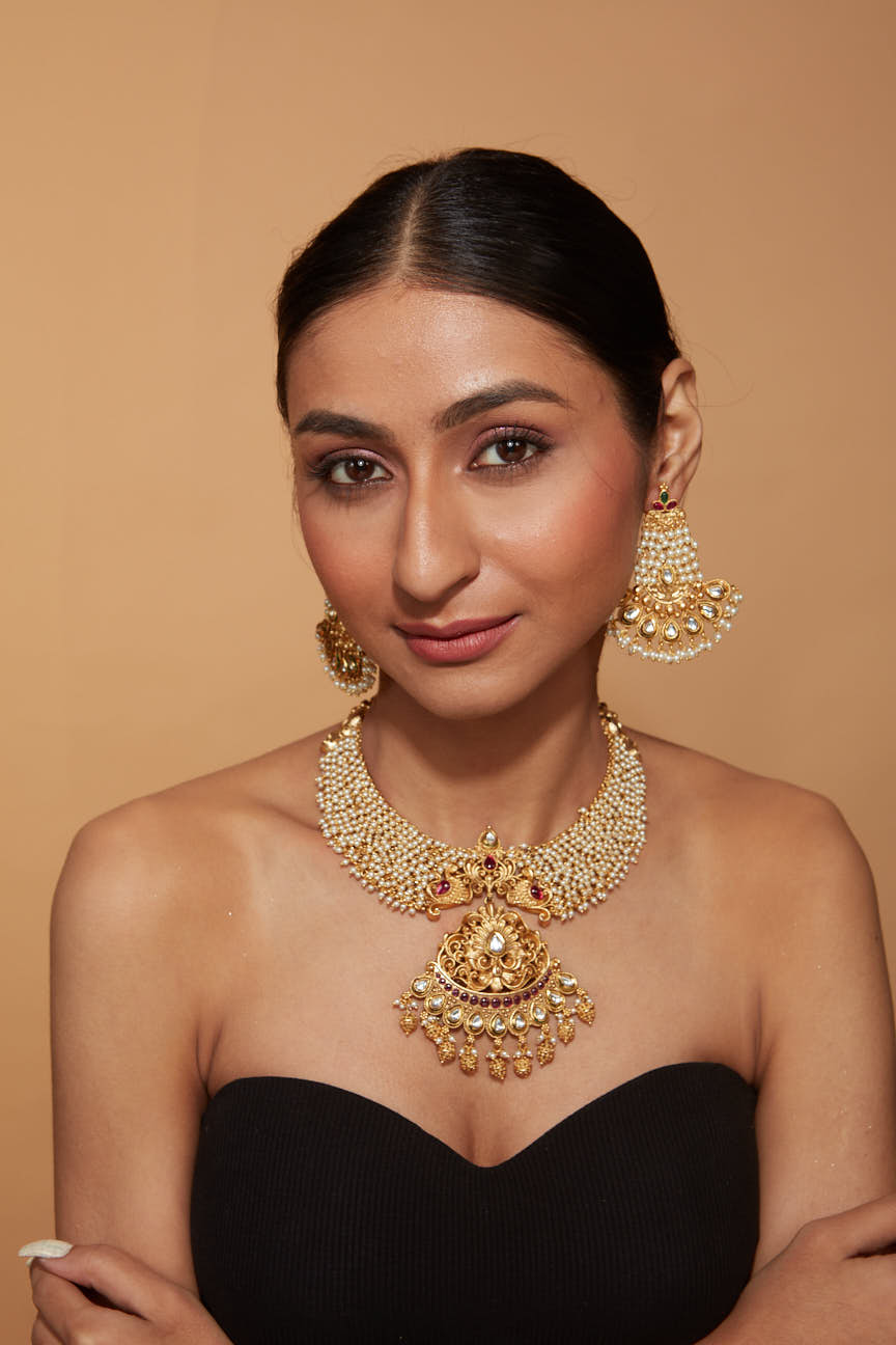 Image of Gold Plated Beads Studded Temple Choker Necklace & Drop Earrings Set