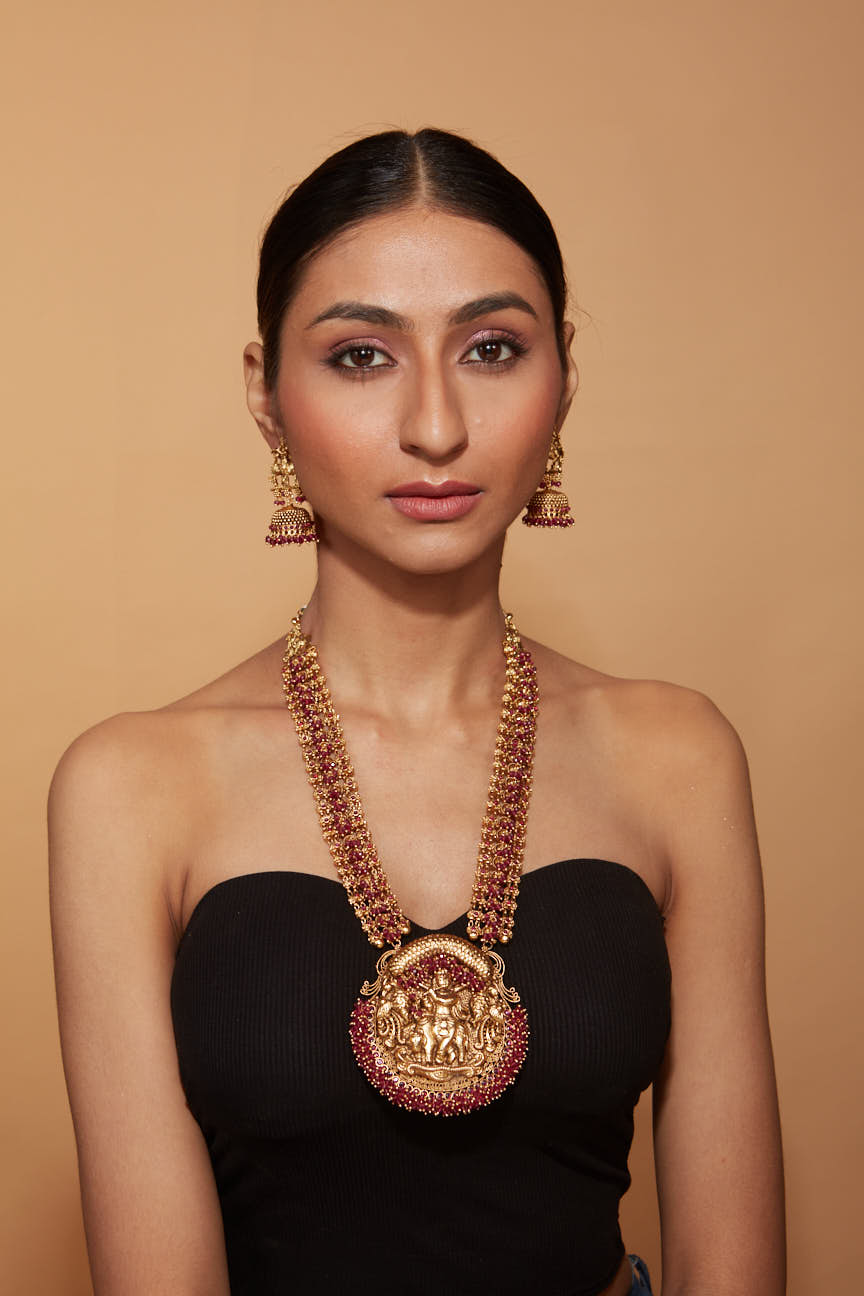 Image of Gold Plated Red Temple Long Necklace & Jhumka Earring Set