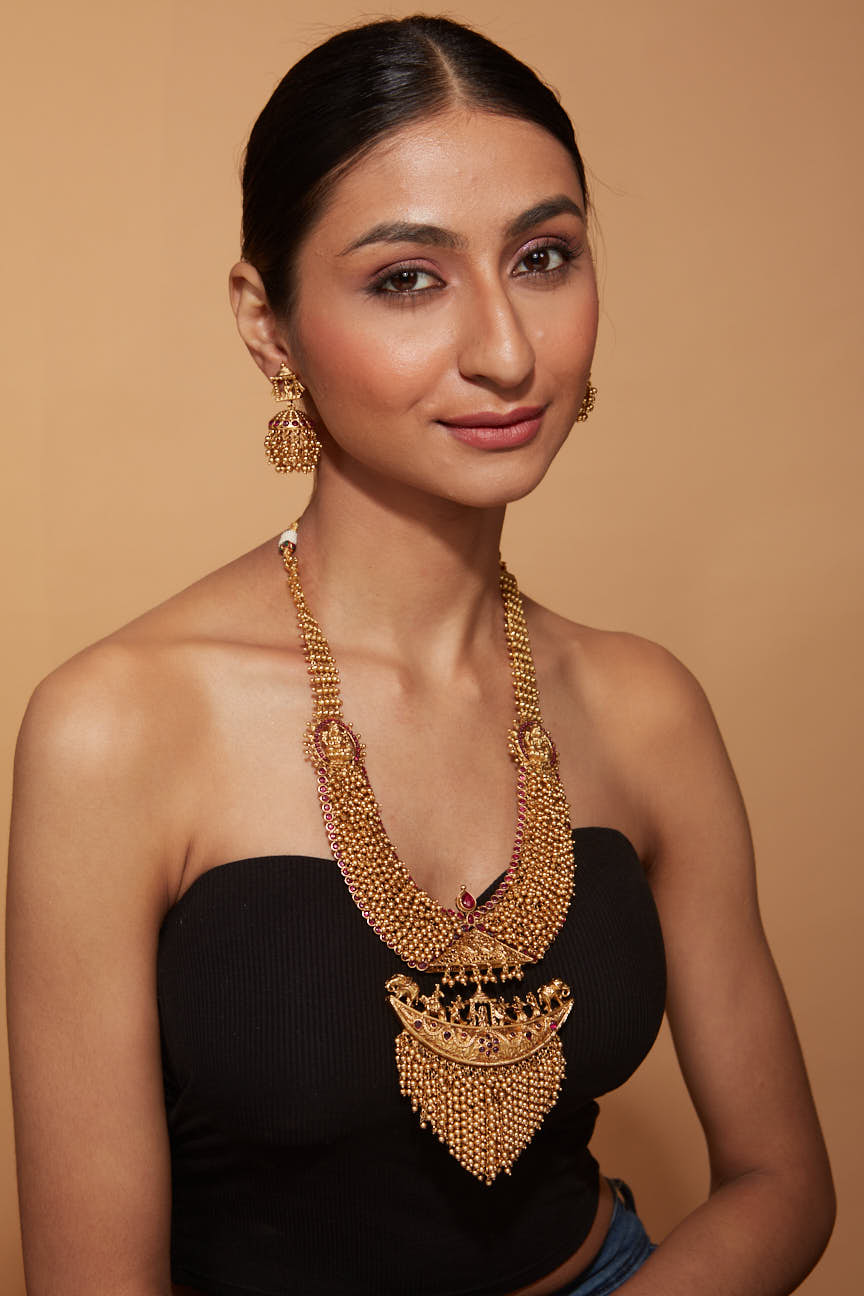 Image of Gold Plated Temple Long Necklace & Jhumka Earring Set