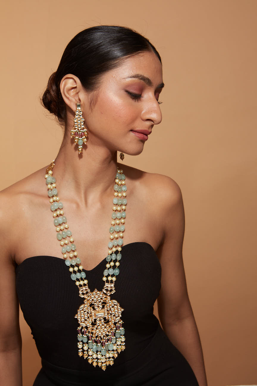 Gold Plated Kundan Studded Beads Long Necklace & Dangle Earrings Set