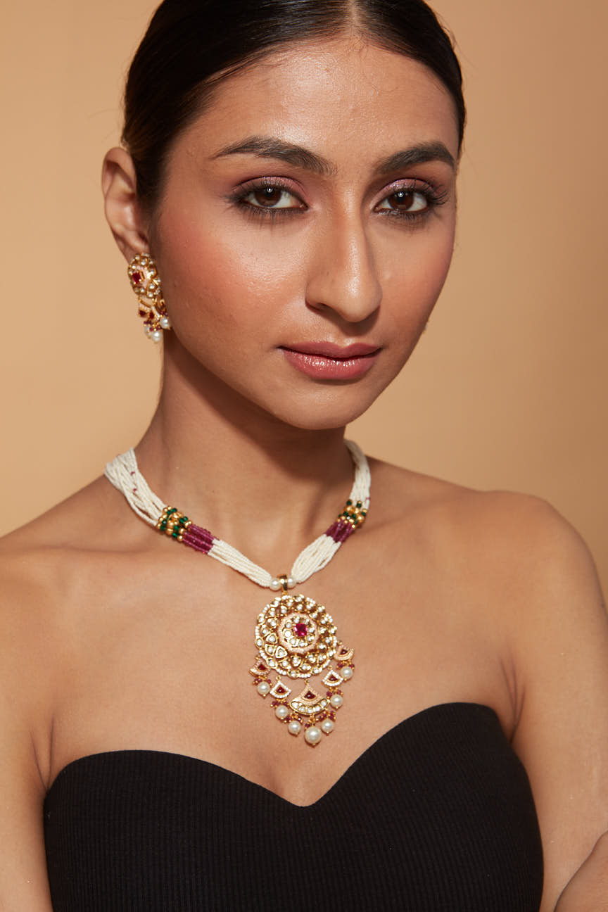 Image of Gold Plated Kundan Studded With Beads Necklace & Earrings Set