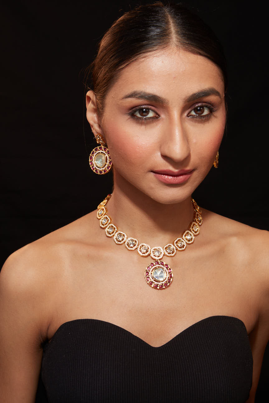 Image of Gold Plated Kundan With Onyx Choker Necklace & Earrings Set