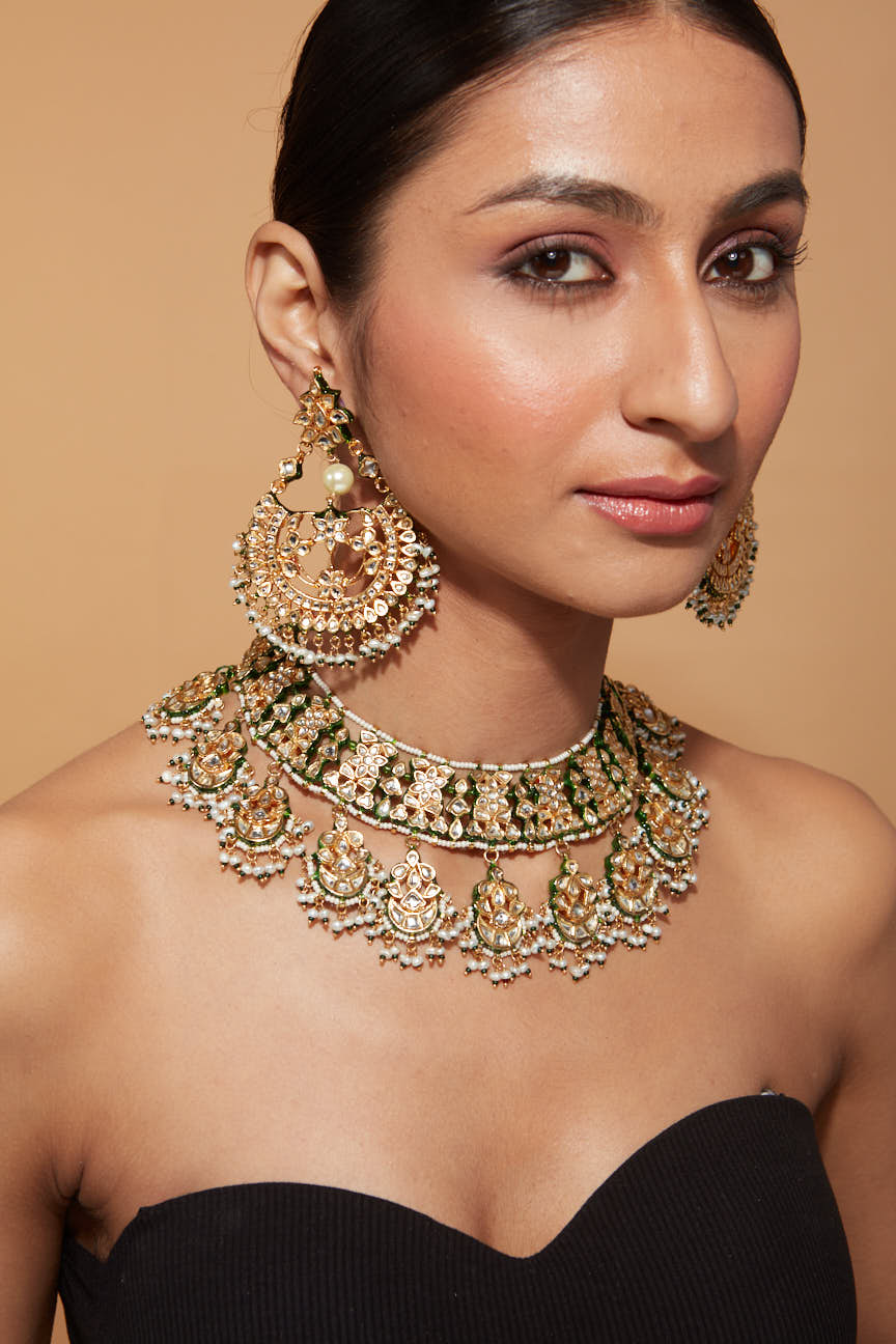 Image of Gold Plated Meenakari Kundan Dangle Necklace & Chaandbali Earrings Set