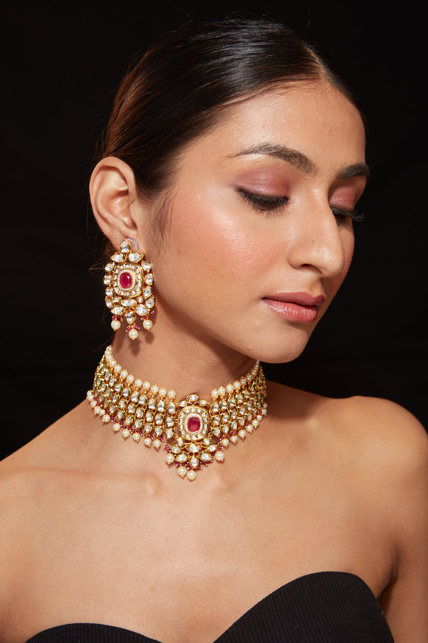 Image of Gold Plated Kundan Studded With Pearl Choker Necklace & Dangle Earrings Set