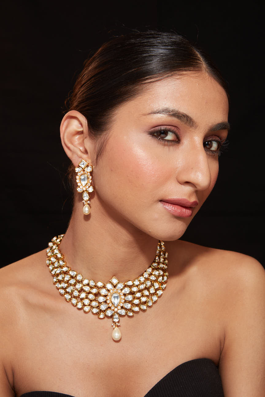 Image of Gold Plated Kundan Polki Studded Choker Necklace & Dangle Earrings Set